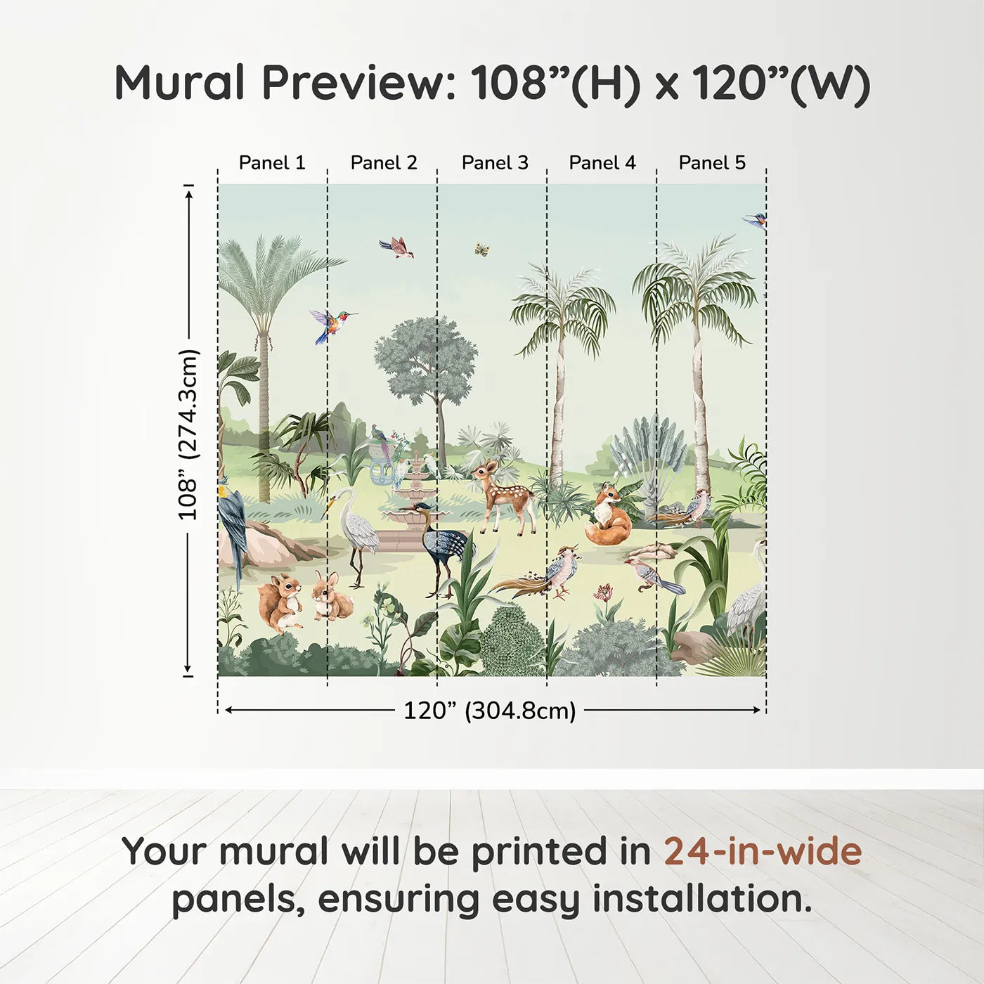 Whimsy Tots Exotic Animal Garden Wall Muraldimension view (108" H x 120" W). Printed in five 24-inch-wide panels. Gender-Neutral