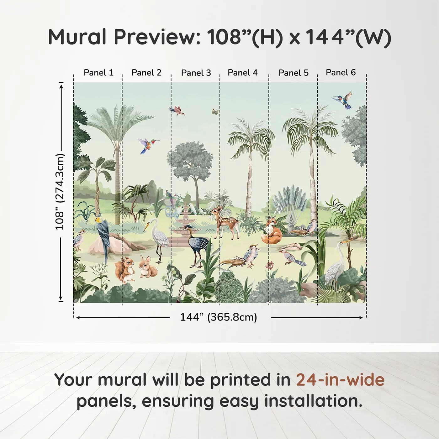 Whimsy Tots Exotic Animal Garden Wall Muraldimension view (108" H x 144" W). Printed in six 24-inch-wide panels. Gender-Neutral