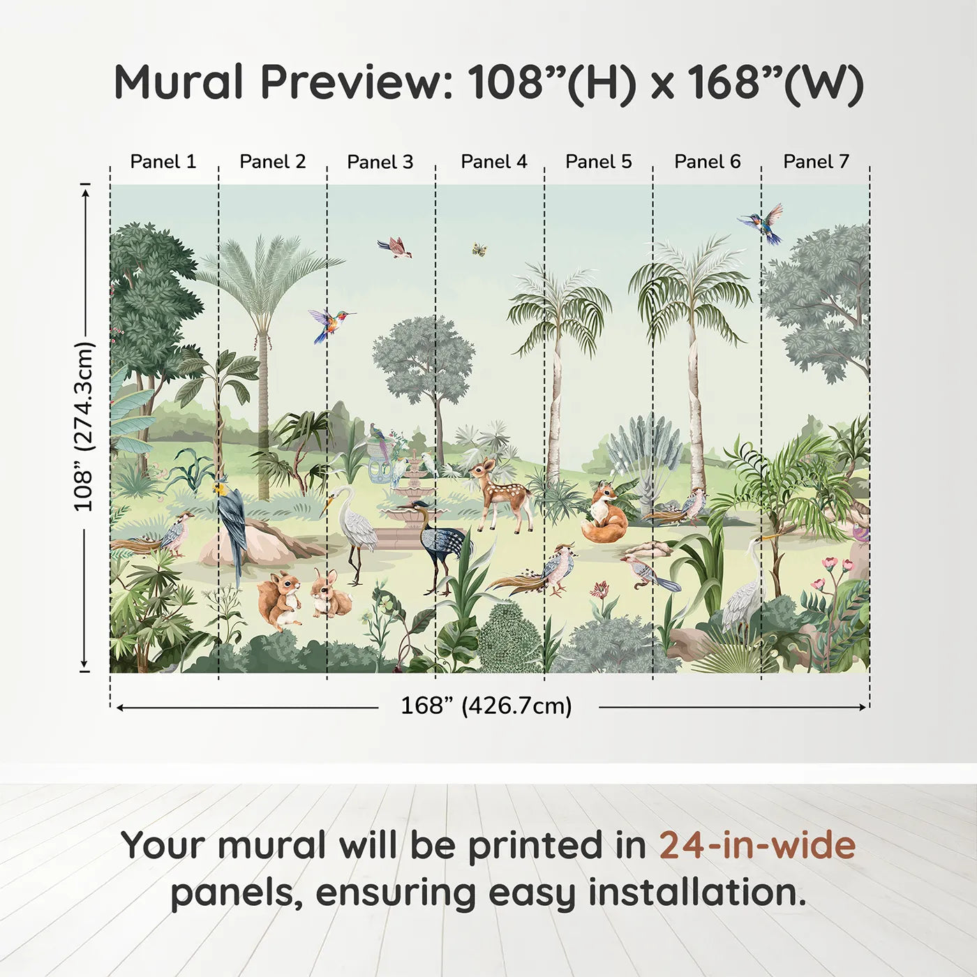 Whimsy Tots Exotic Animal Garden Wall Muraldimension view (108" H x 168" W). Printed in seven 24-inch-wide panels. Gender-Neutral