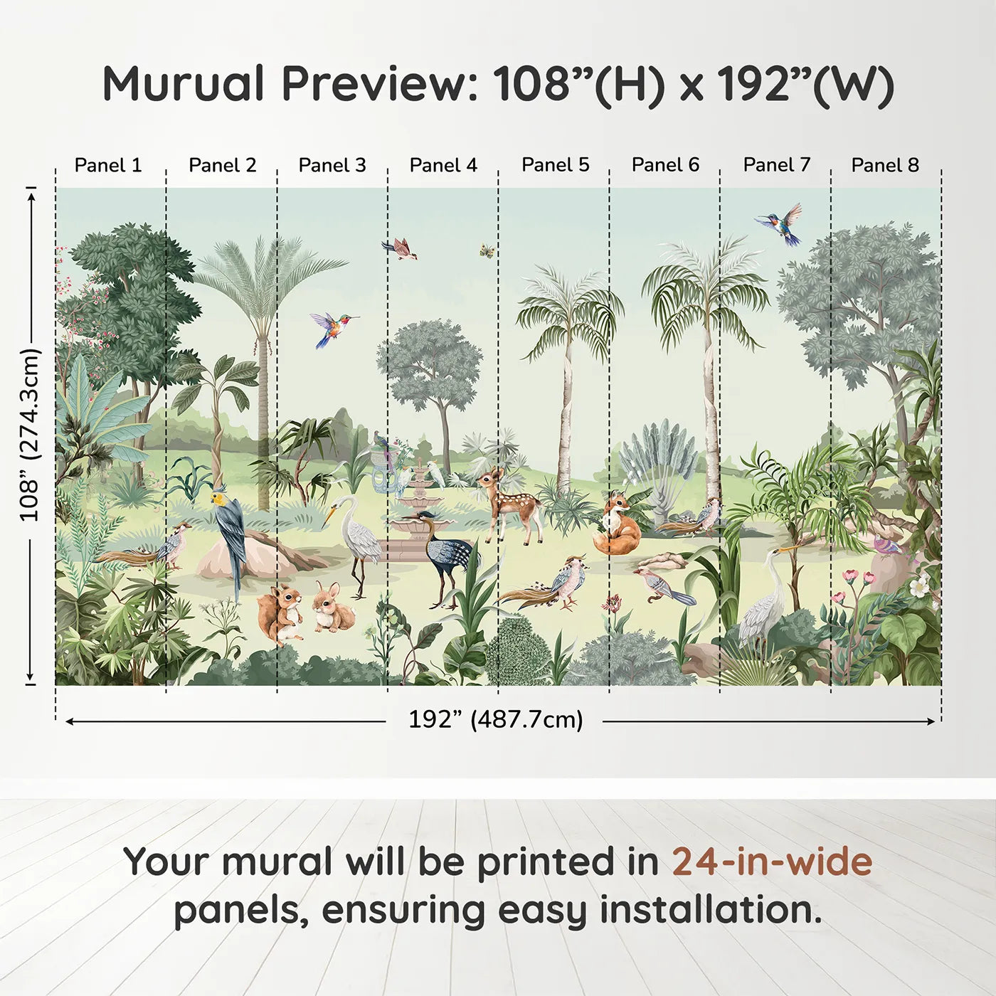 Whimsy Tots Exotic Animal Garden Wall Muraldimension view (108" H x 192" W). Printed in eight 24-inch-wide panels. Gender-Neutral