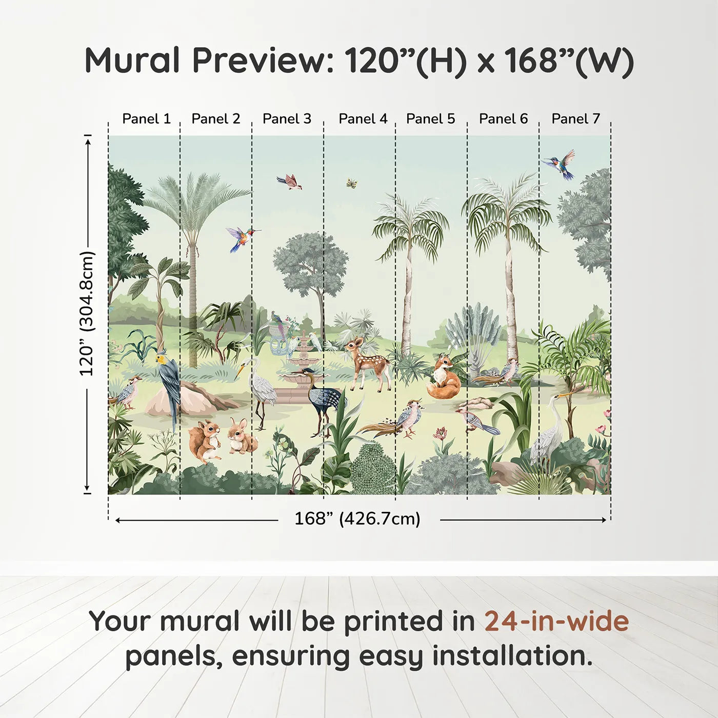 Whimsy Tots Exotic Animal Garden Wall Muraldimension view (120" H x 168" W). Printed in seven 24-inch-wide panels. Gender-Neutral