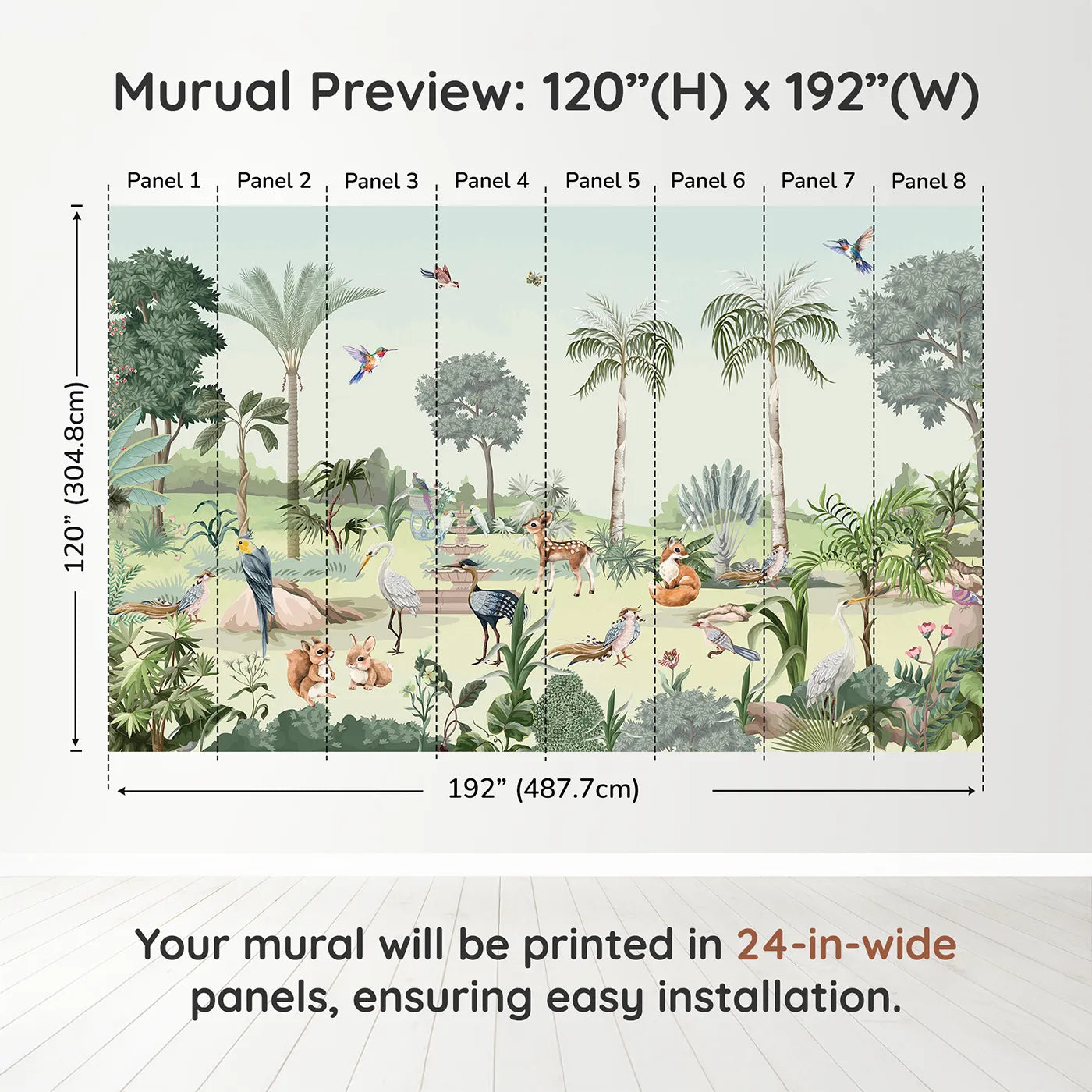 Whimsy Tots Exotic Animal Garden Wall Muraldimension view (120" H x 192" W). Printed in eight 24-inch-wide panels. Gender-Neutral