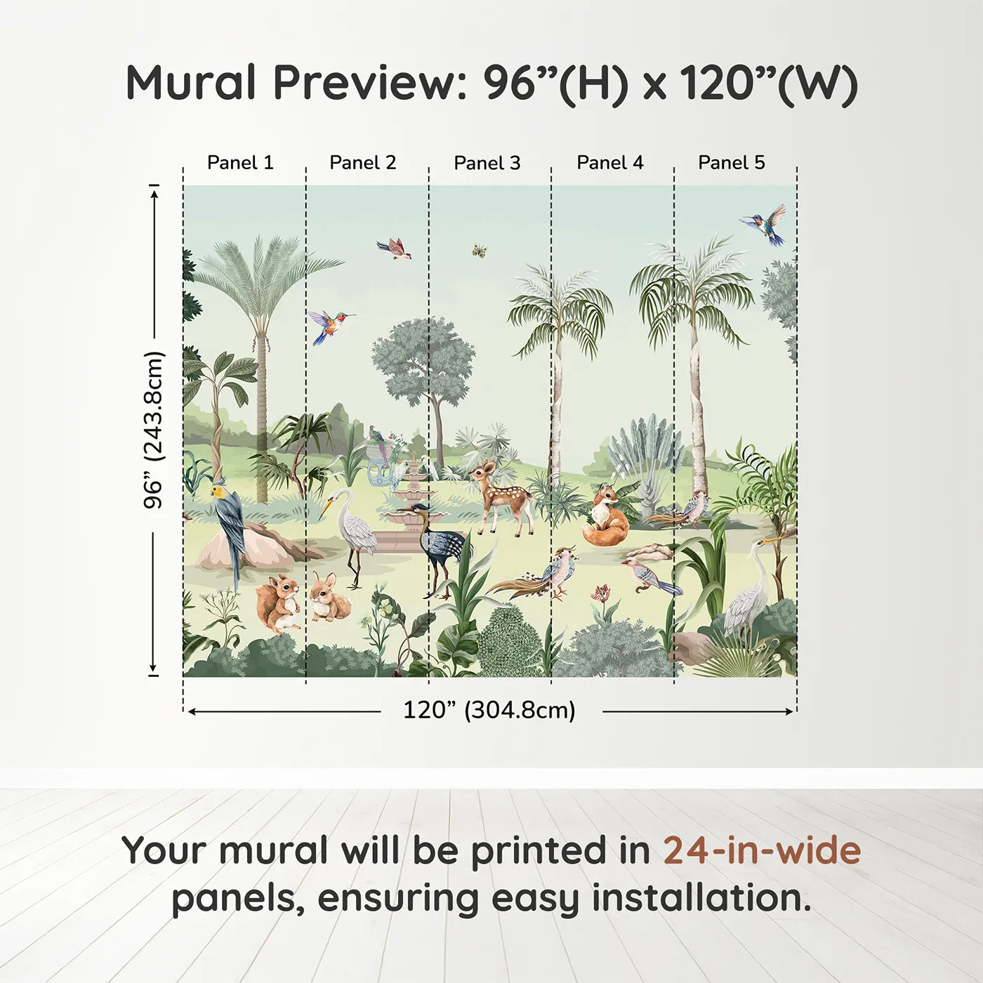 Whimsy Tots Exotic Animal Garden Wall Muraldimension view (96" H x 120" W). Printed in five 24-inch-wide panels. Gender-Neutral