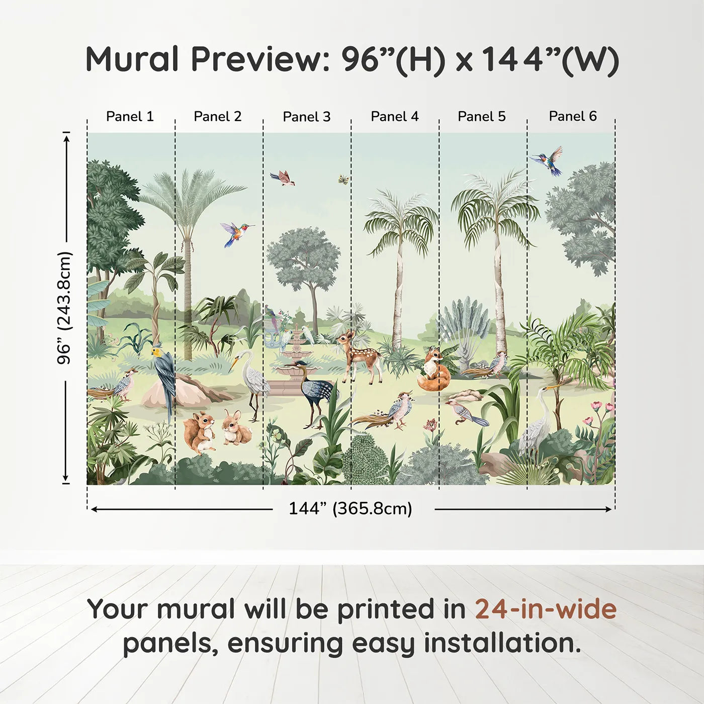Whimsy Tots Exotic Animal Garden Wall Muraldimension view (96" H x 144" W). Printed in six 24-inch-wide panels. Gender-Neutral