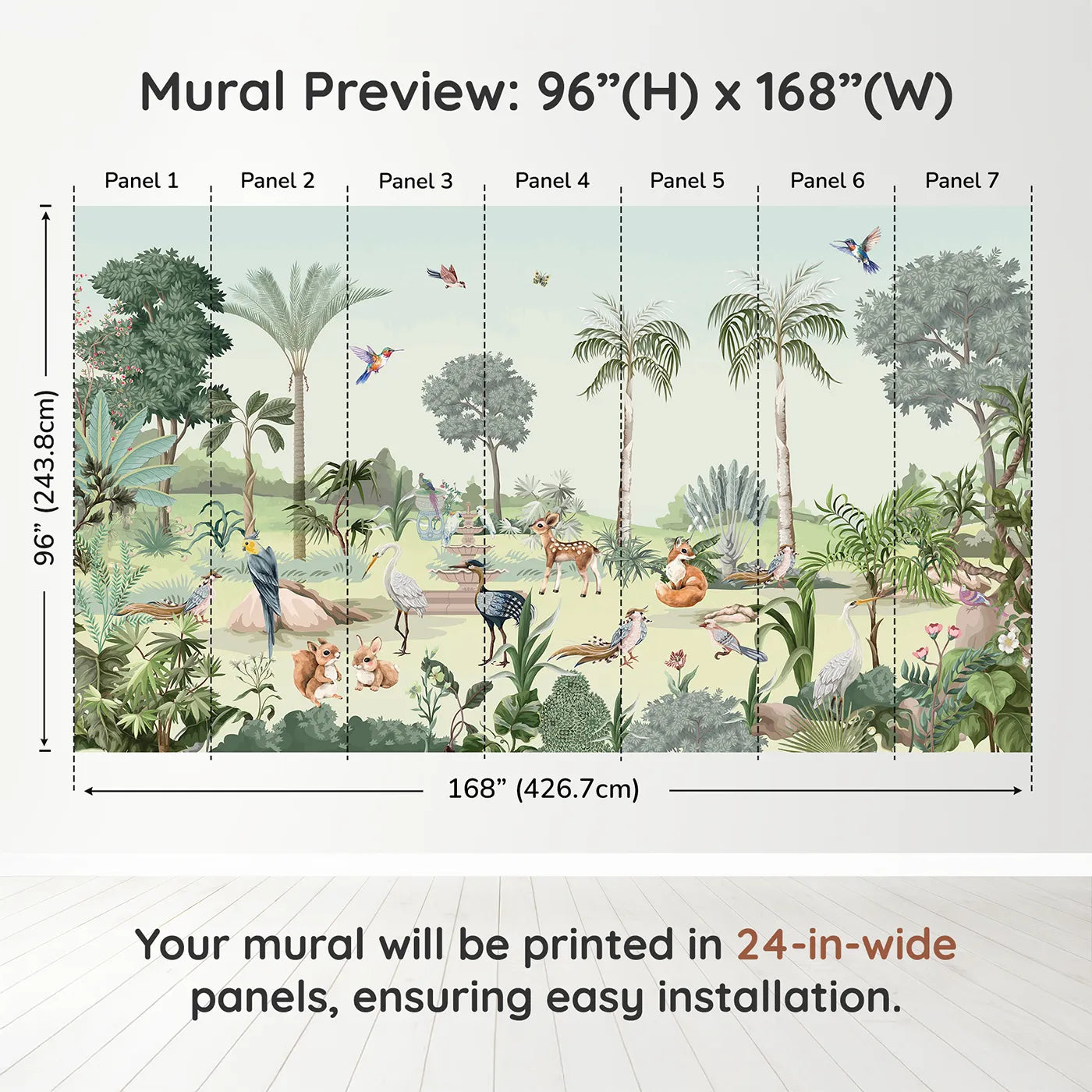 Whimsy Tots Exotic Animal Garden Wall Muraldimension view (96" H x 168" W). Printed in seven 24-inch-wide panels. Gender-Neutral