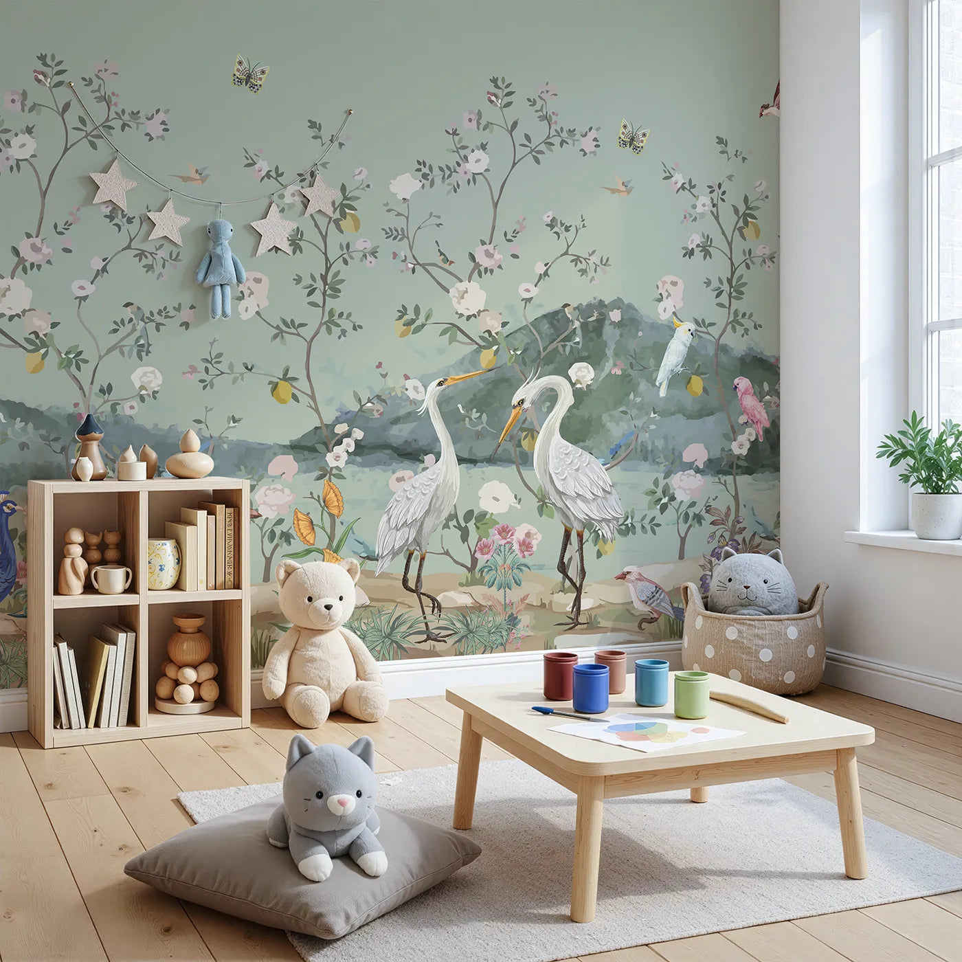 Angled view of Whimsy Tots' Chinoiserie Bird Paradise Wall Mural (Turn Their Room into an Elegant, Hand-Painted Garden).Gender-Neutral
