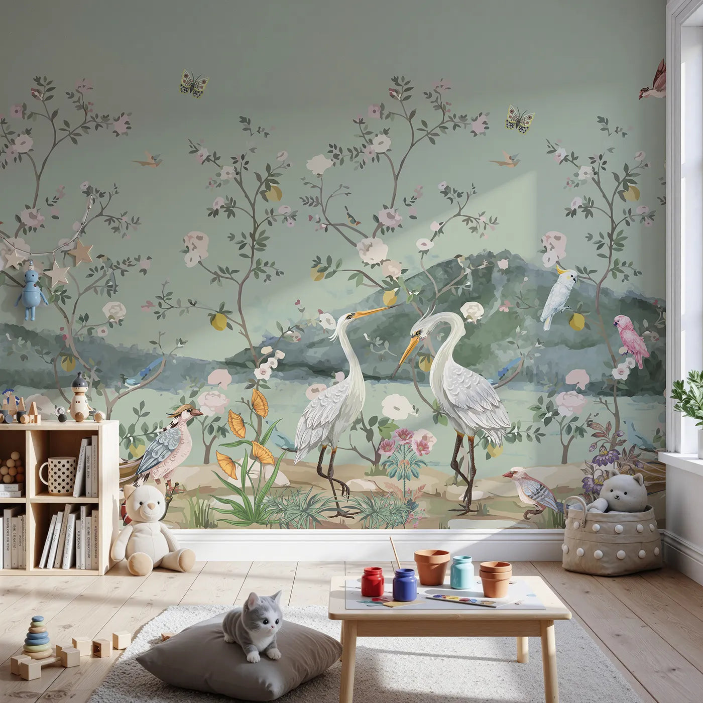 Front view of Whimsy Tots' Chinoiserie Bird Paradise Wall Mural