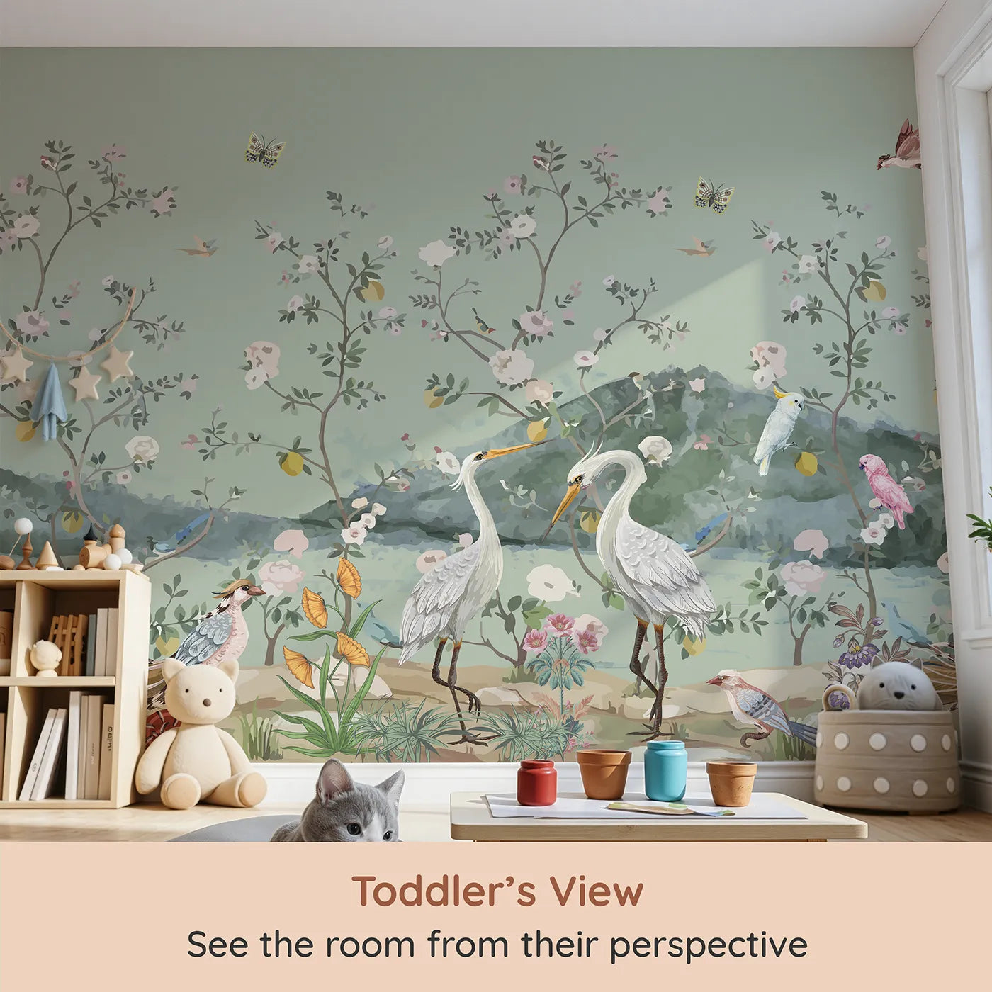Whimsy Tots Chinoiserie Bird Paradise Wall Mural (Turn Their Room into an Elegant, Hand-Painted Garden) from your child's view.Gender-Neutral