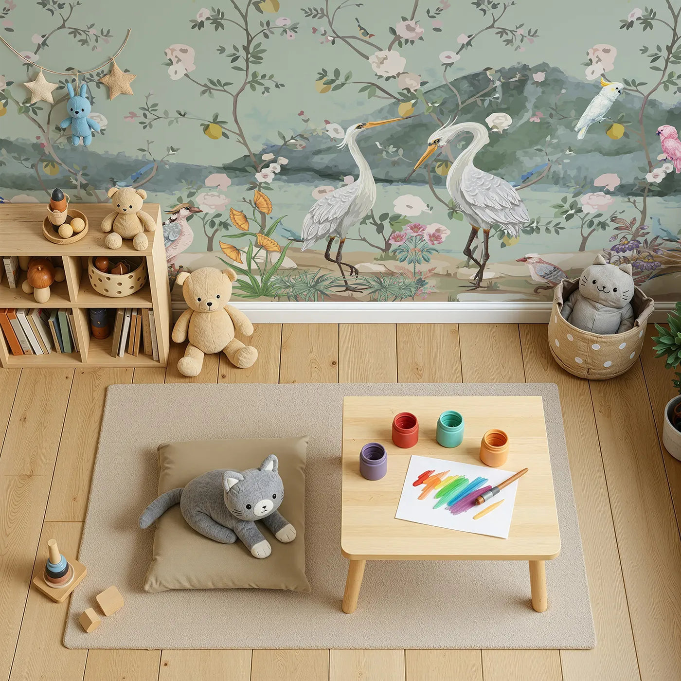 Top-down view of Whimsy Tots' Chinoiserie Bird Paradise Wall Mural (Turn Their Room into an Elegant, Hand-Painted Garden).Gender-Neutral