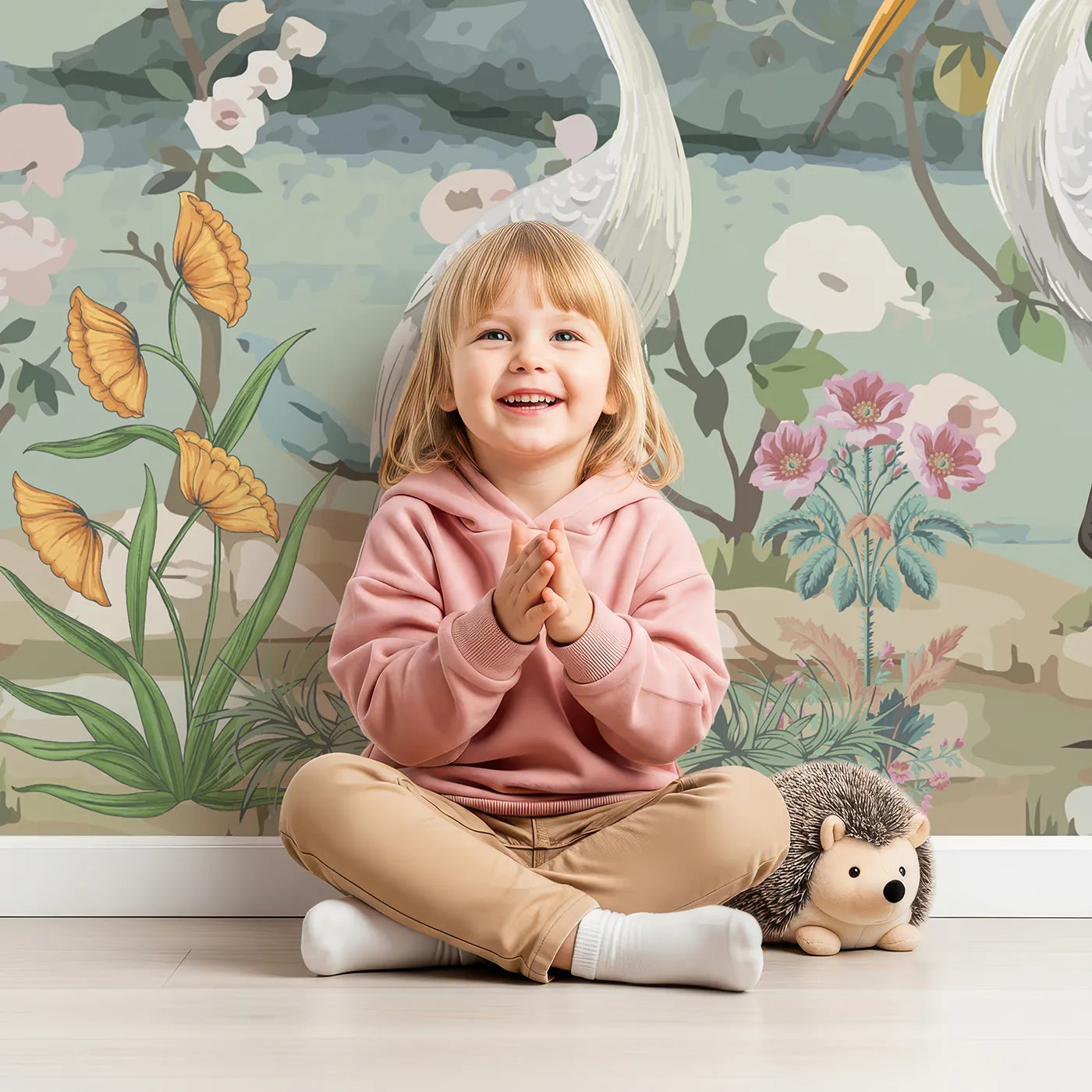 Child in front of Whimsy Tots Chinoiserie Bird Paradise Wall Mural with chinoiserie, vintage, floral, bird, peacock, flower, green, classic in design.