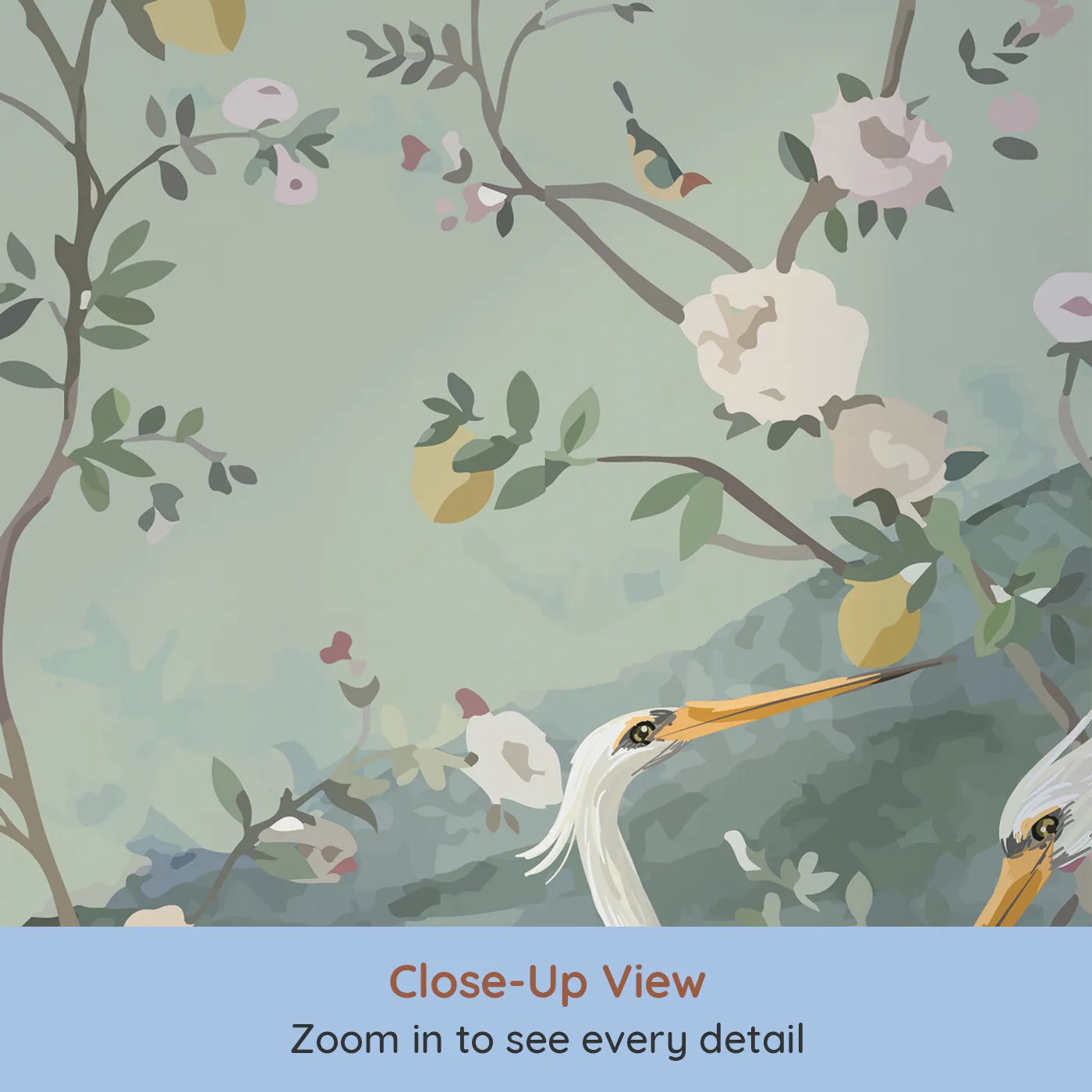 Close-up view of Whimsy Tots' Chinoiserie Bird Paradise Wall Mural (Turn Their Room into an Elegant, Hand-Painted Garden).Gender-Neutral