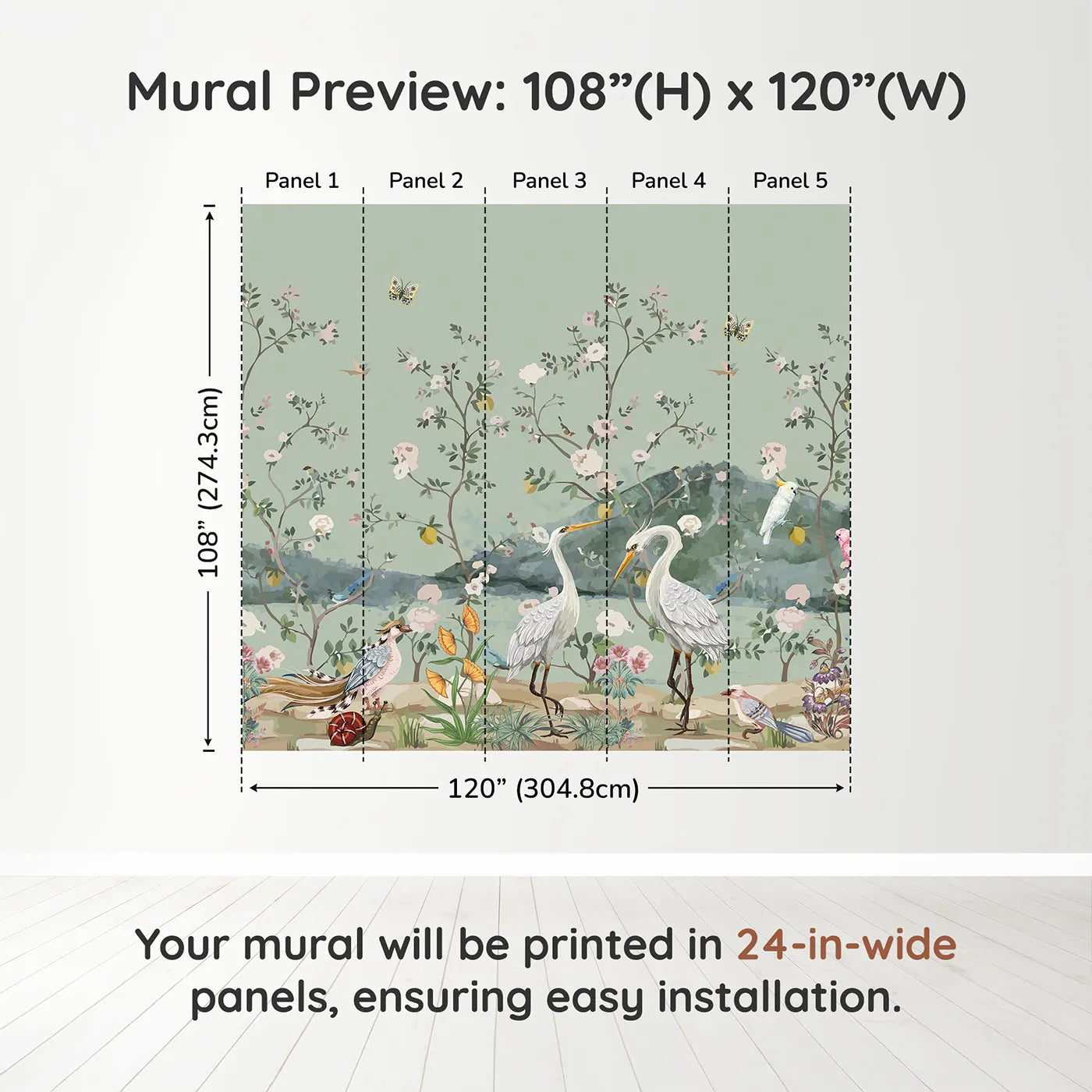 Whimsy Tots Chinoiserie Bird Paradise Wall Muraldimension view (108" H x 120" W). Printed in five 24-inch-wide panels. Gender-Neutral