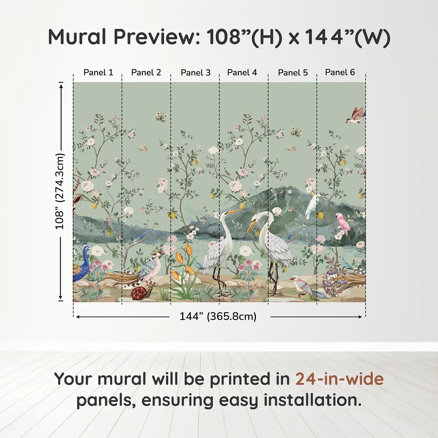 Whimsy Tots Chinoiserie Bird Paradise Wall Muraldimension view (108" H x 144" W). Printed in six 24-inch-wide panels. Gender-Neutral
