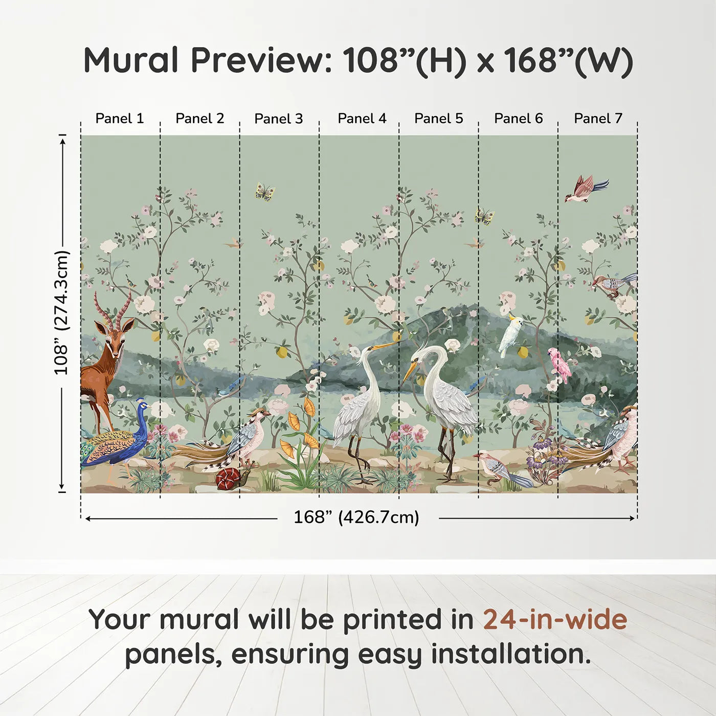 Whimsy Tots Chinoiserie Bird Paradise Wall Muraldimension view (108" H x 168" W). Printed in seven 24-inch-wide panels. Gender-Neutral