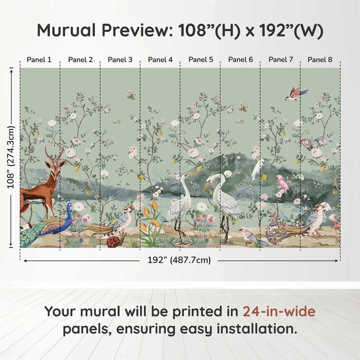 Whimsy Tots Chinoiserie Bird Paradise Wall Muraldimension view (108" H x 192" W). Printed in eight 24-inch-wide panels. Gender-Neutral