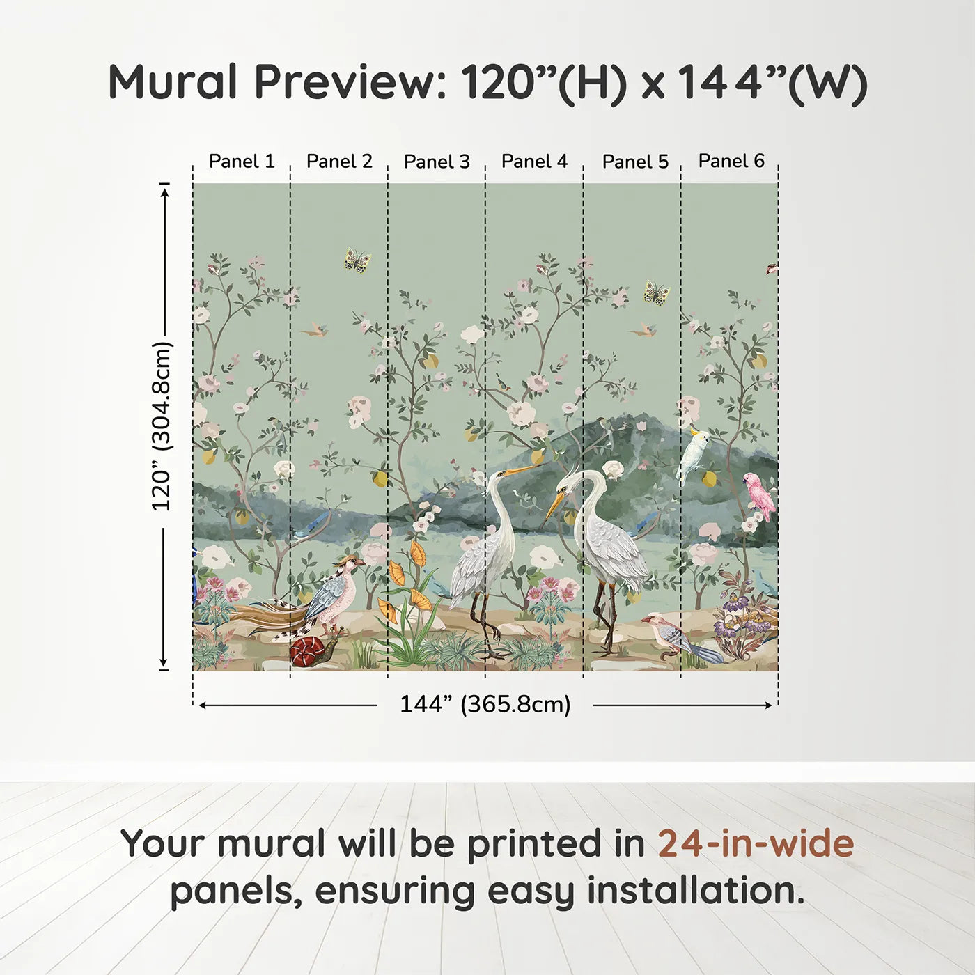 Whimsy Tots Chinoiserie Bird Paradise Wall Muraldimension view (120" H x 144" W). Printed in six 24-inch-wide panels. Gender-Neutral
