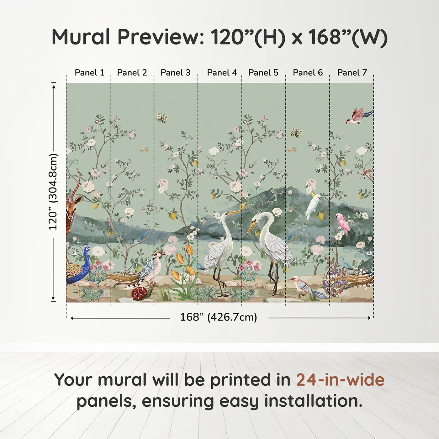 Whimsy Tots Chinoiserie Bird Paradise Wall Muraldimension view (120" H x 168" W). Printed in seven 24-inch-wide panels. Gender-Neutral