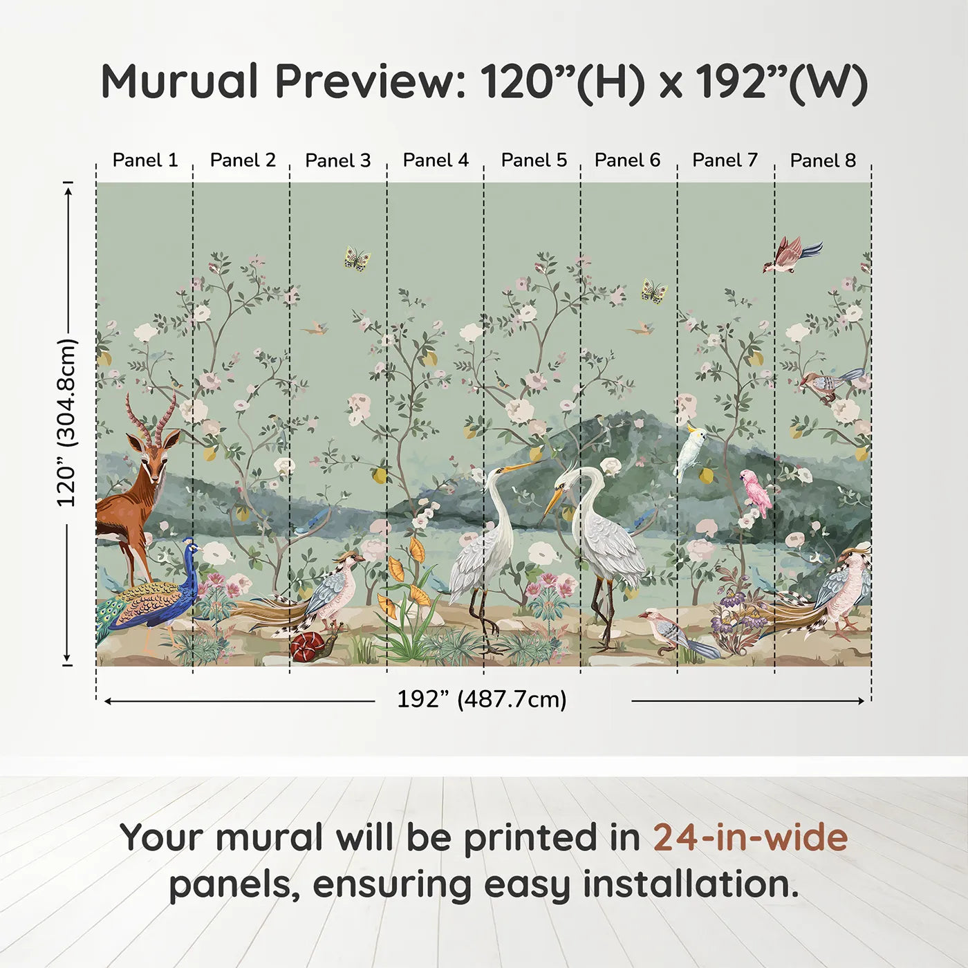 Whimsy Tots Chinoiserie Bird Paradise Wall Muraldimension view (120" H x 192" W). Printed in eight 24-inch-wide panels. Gender-Neutral