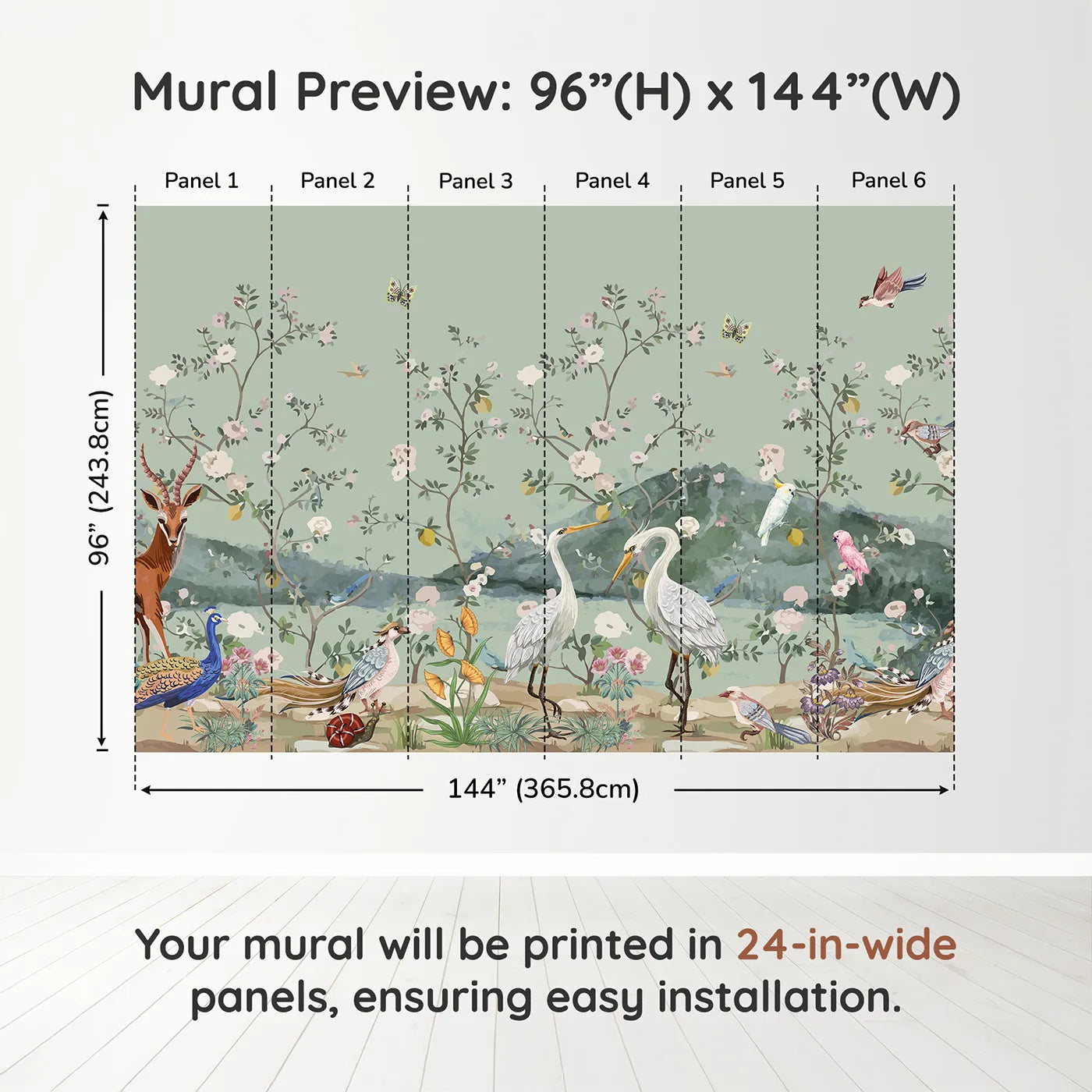 Whimsy Tots Chinoiserie Bird Paradise Wall Muraldimension view (96" H x 144" W). Printed in six 24-inch-wide panels. Gender-Neutral