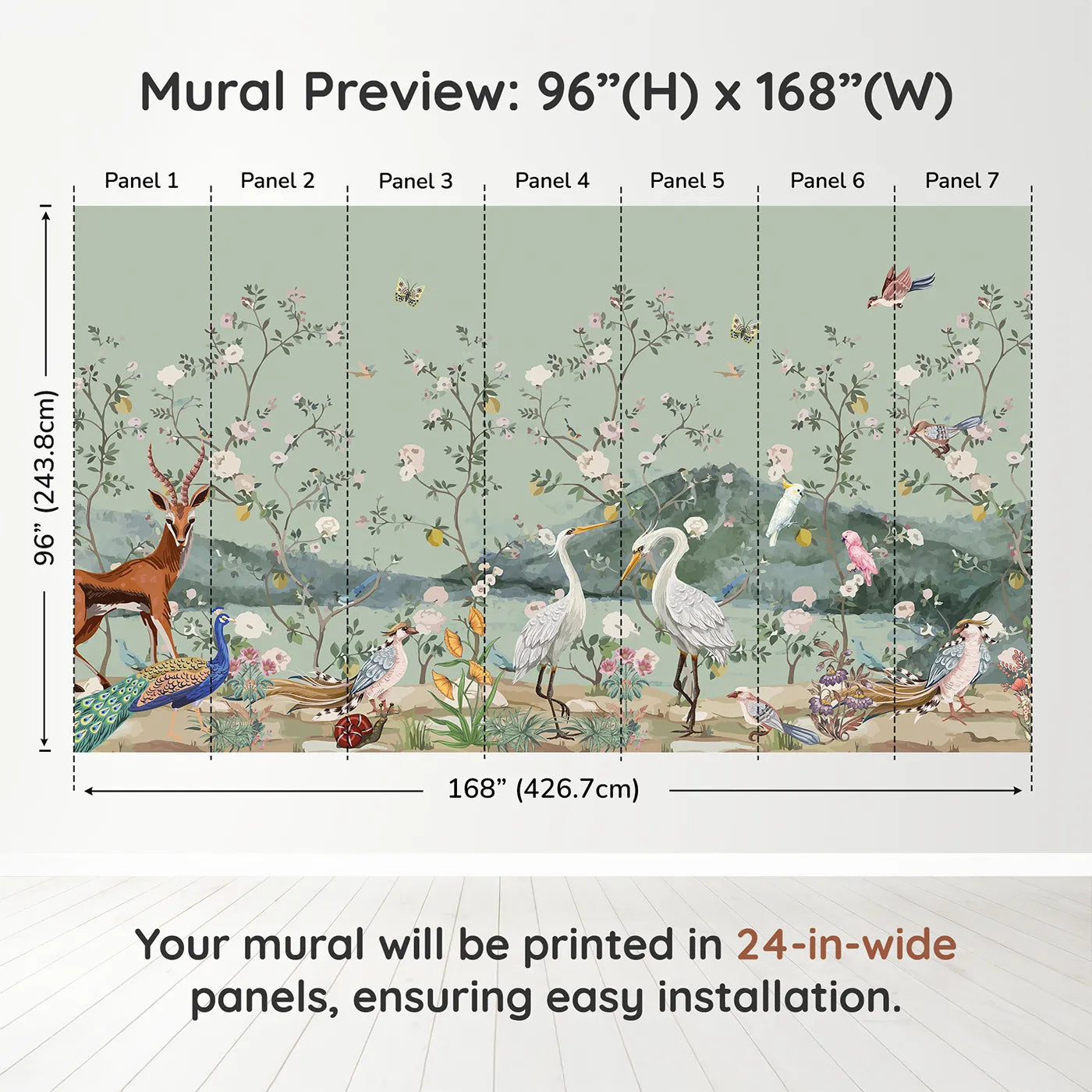 Whimsy Tots Chinoiserie Bird Paradise Wall Muraldimension view (96" H x 168" W). Printed in seven 24-inch-wide panels. Gender-Neutral