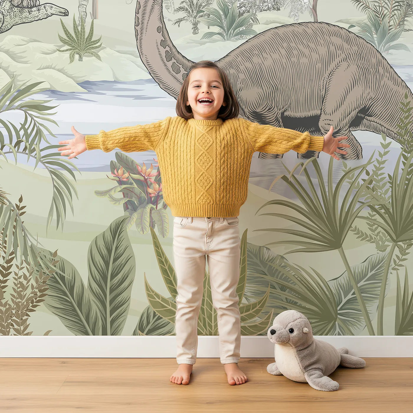 Child in front of Whimsy Tots Prehistoric Jungle Wall Mural with dinosaur, prehistoric, vintage, jungle, volcano, landscape, realistic, detailed in design.