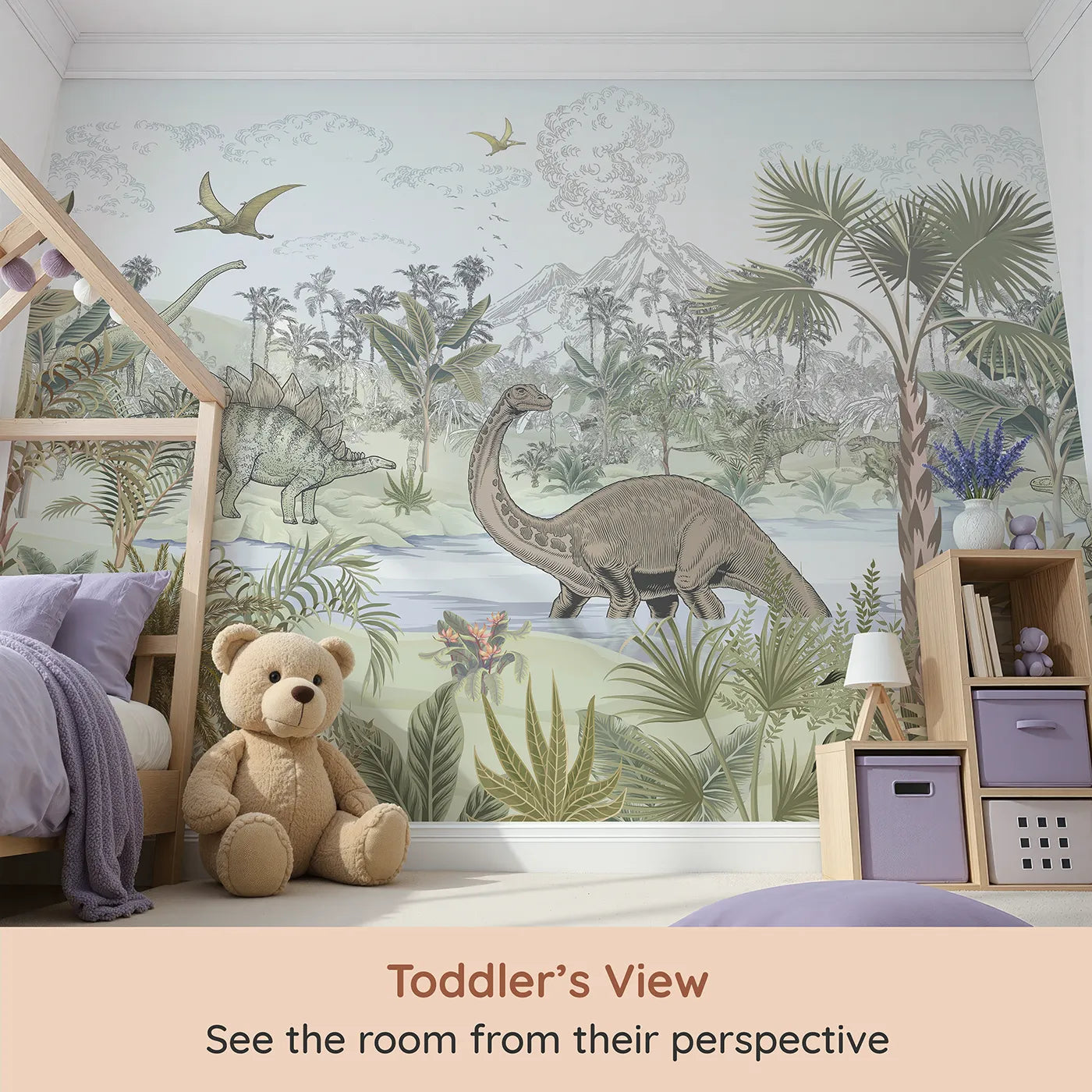 Whimsy Tots Prehistoric Jungle Wall Mural (Turn Their Room into a Lush and Detailed Dinosaur World) from your child's view.Gender-Neutral