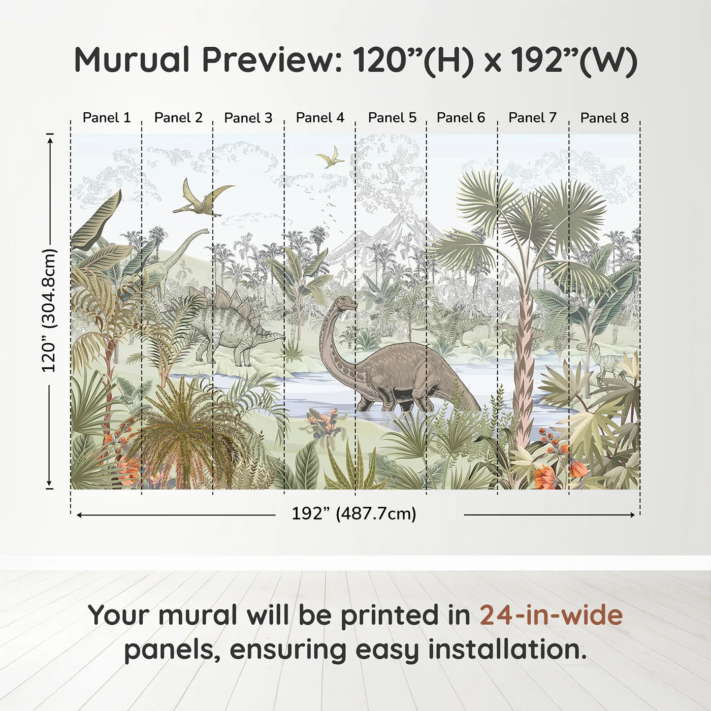 Whimsy Tots Prehistoric Jungle Wall Muraldimension view (120" H x 192" W). Printed in eight 24-inch-wide panels. Gender-Neutral