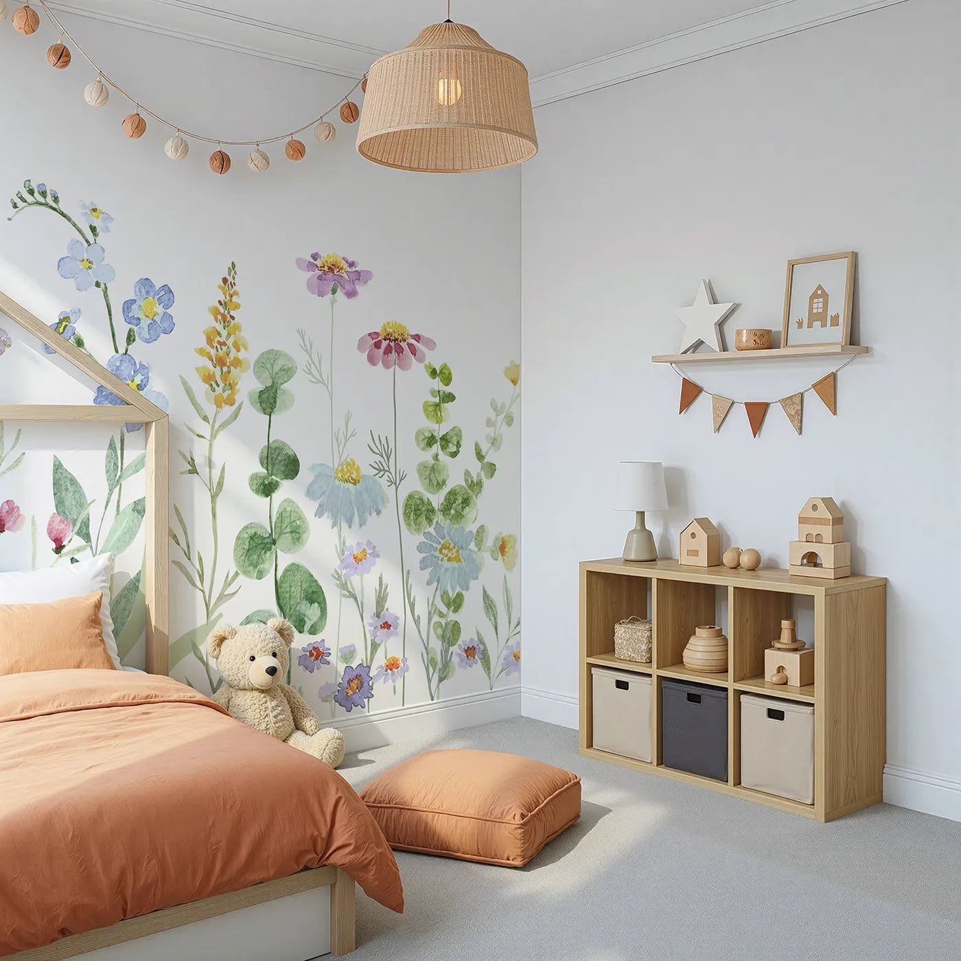 Angled view of Whimsy Tots' Watercolor Wildflower Meadow Wall Mural (Turn Their Room into a Field of Delicate, Painted Flowers).Gender-Neutral