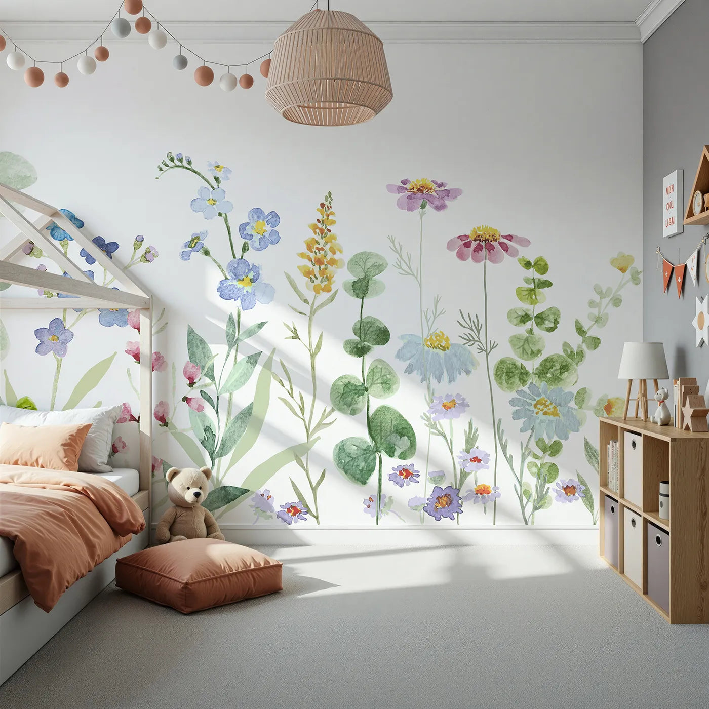 Front view of Whimsy Tots' Watercolor Wildflower Meadow Wall Mural