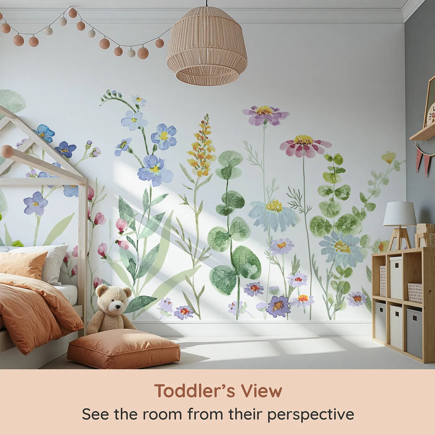 Whimsy Tots Watercolor Wildflower Meadow Wall Mural (Turn Their Room into a Field of Delicate, Painted Flowers) from your child's view.Gender-Neutral