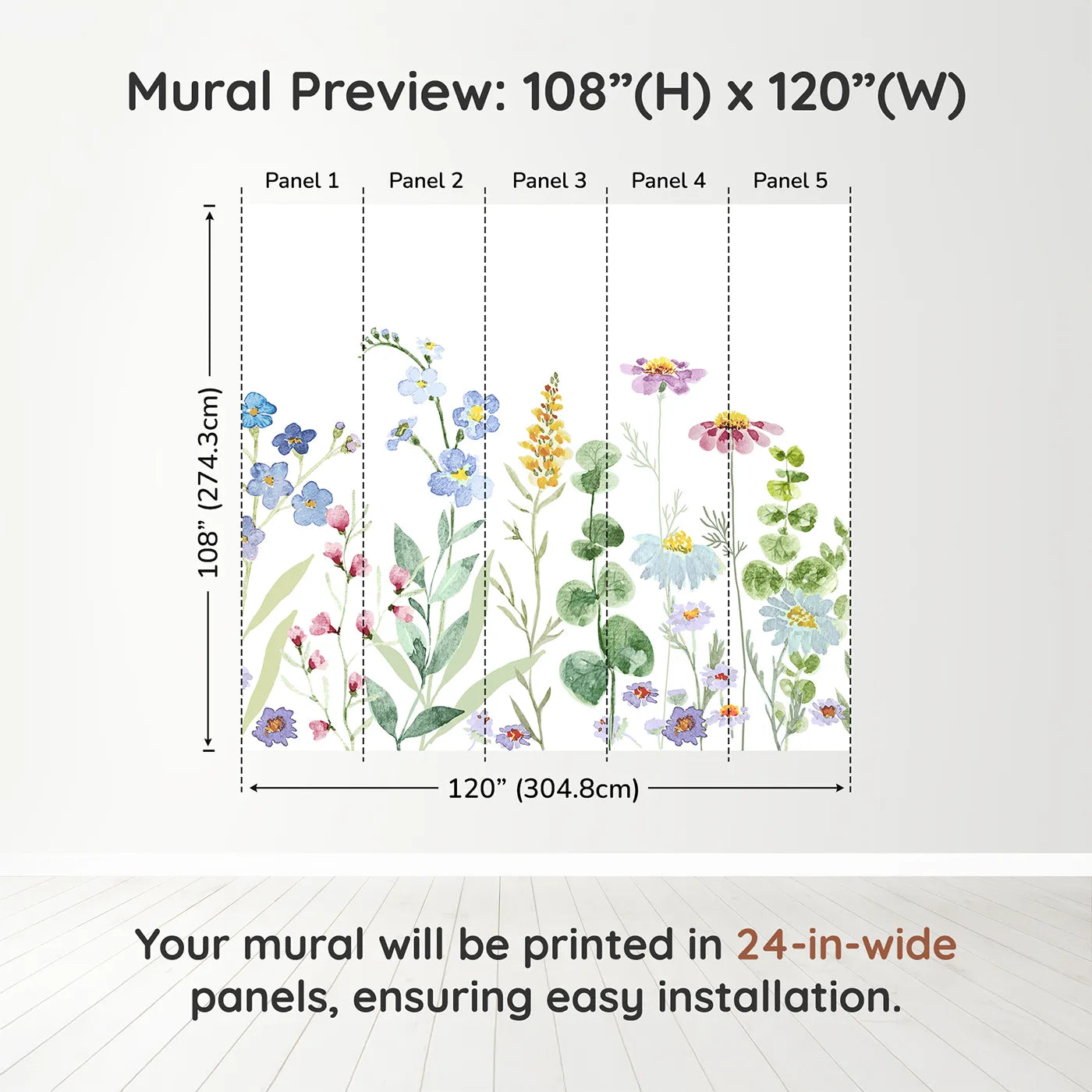 Whimsy Tots Watercolor Wildflower Meadow Wall Muraldimension view (108" H x 120" W). Printed in five 24-inch-wide panels. Gender-Neutral