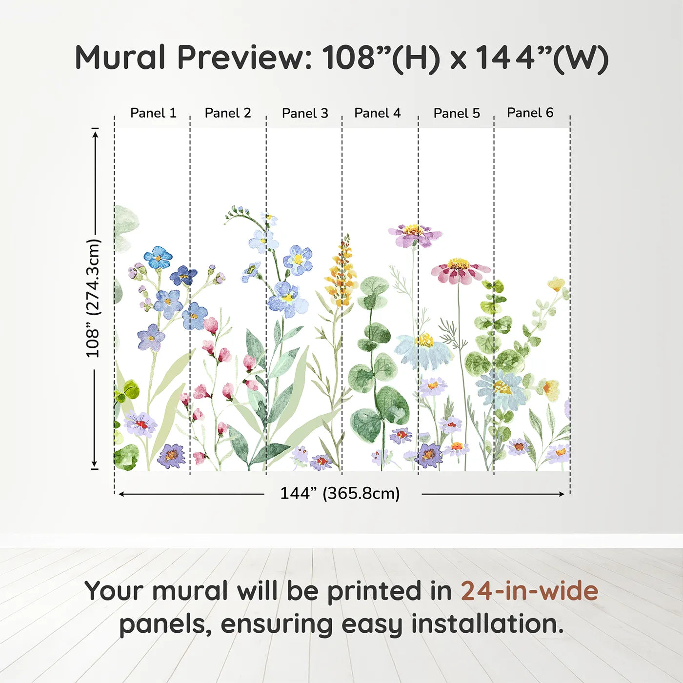 Whimsy Tots Watercolor Wildflower Meadow Wall Muraldimension view (108" H x 144" W). Printed in six 24-inch-wide panels. Gender-Neutral