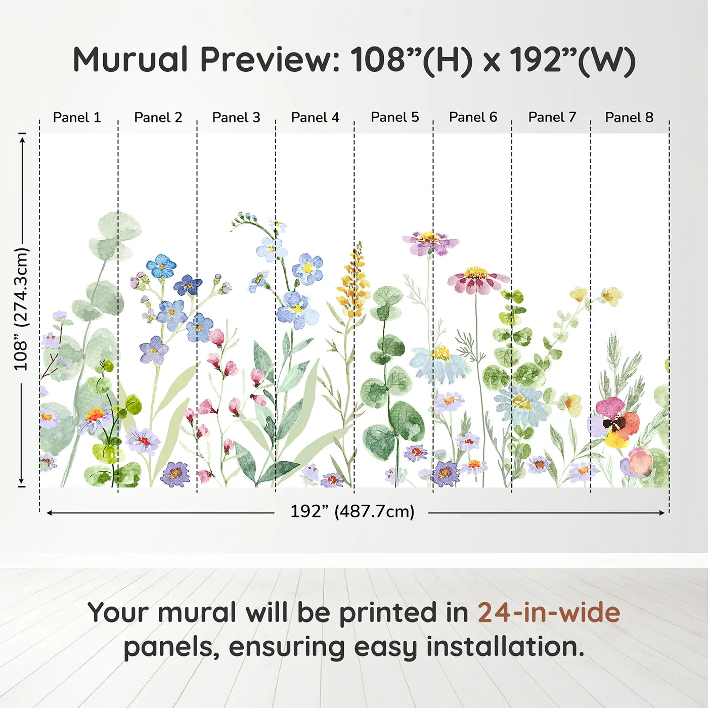 Whimsy Tots Watercolor Wildflower Meadow Wall Muraldimension view (108" H x 192" W). Printed in eight 24-inch-wide panels. Gender-Neutral