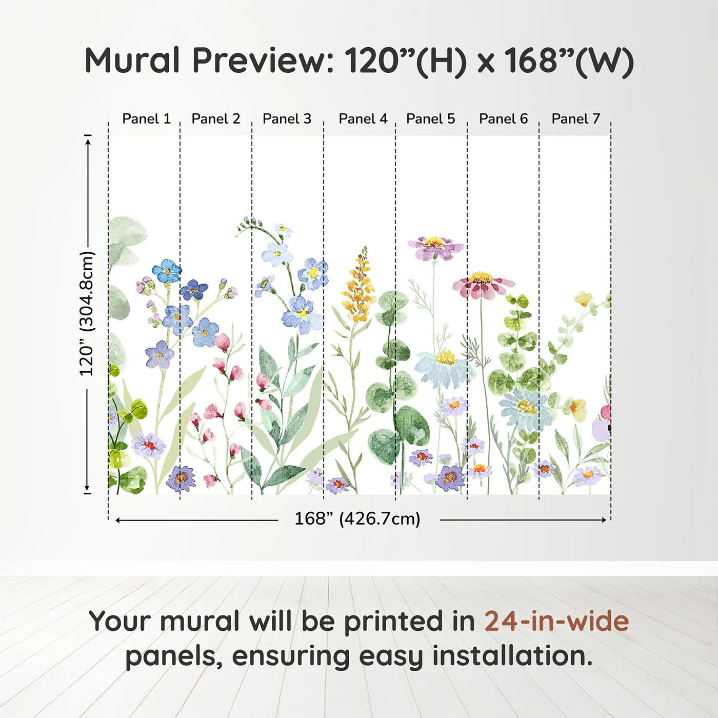 Whimsy Tots Watercolor Wildflower Meadow Wall Muraldimension view (120" H x 168" W). Printed in seven 24-inch-wide panels. Gender-Neutral