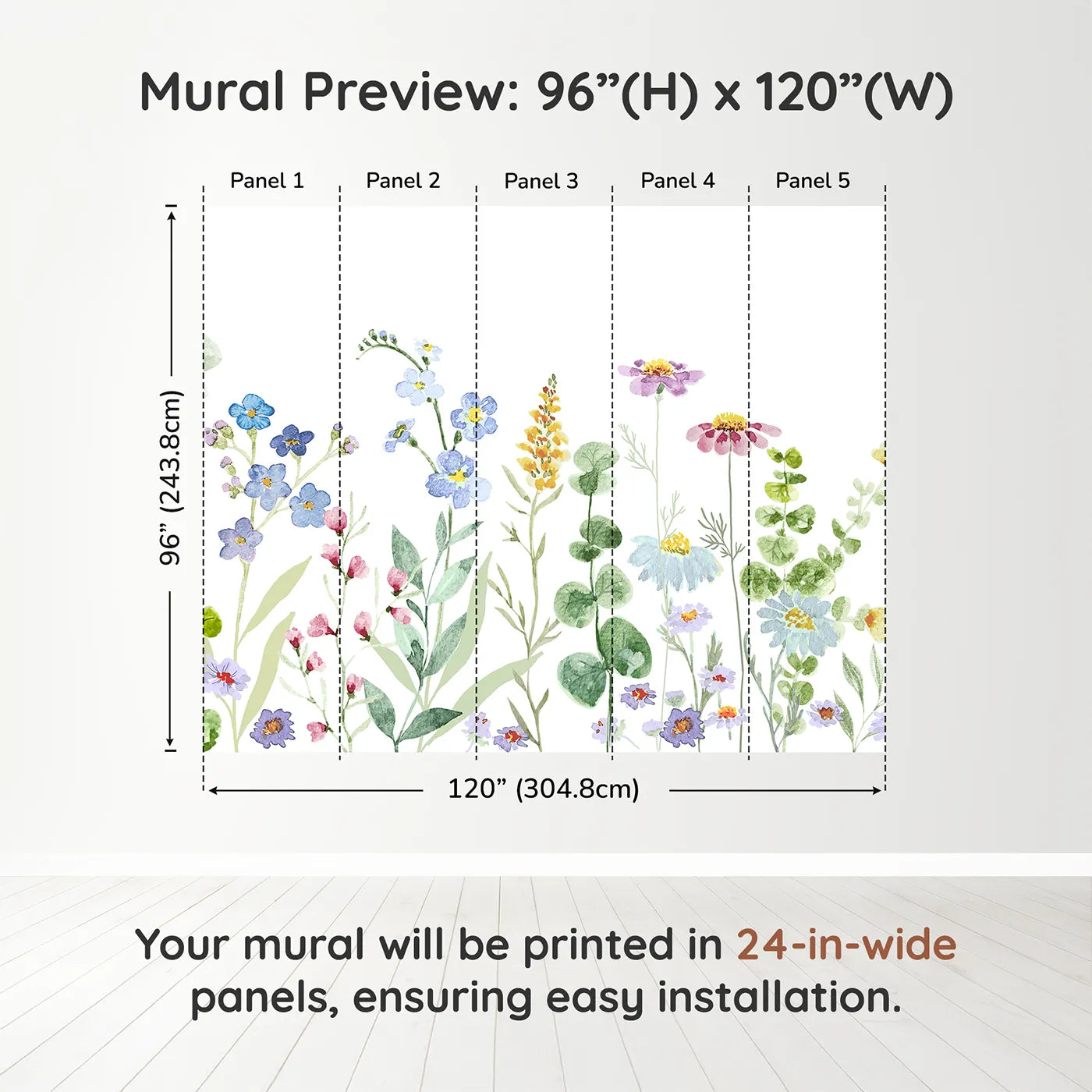 Whimsy Tots Watercolor Wildflower Meadow Wall Muraldimension view (96" H x 120" W). Printed in five 24-inch-wide panels. Gender-Neutral