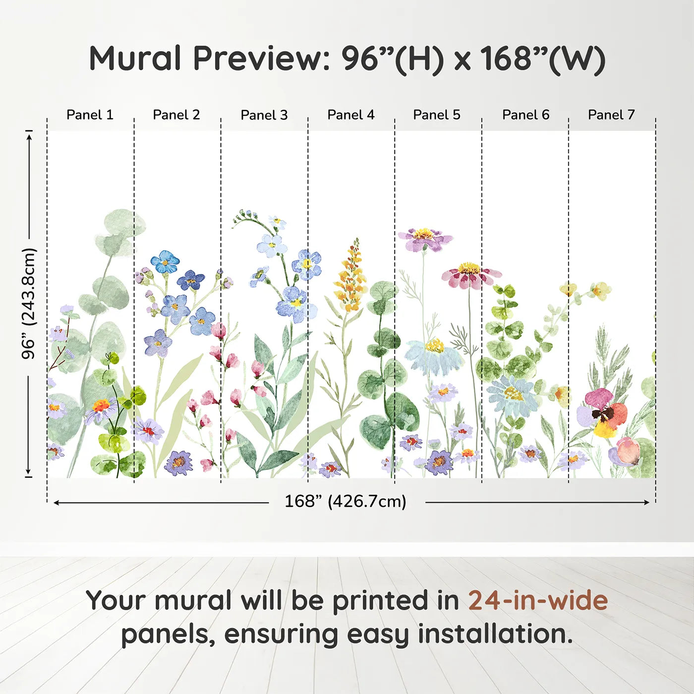 Whimsy Tots Watercolor Wildflower Meadow Wall Muraldimension view (96" H x 168" W). Printed in seven 24-inch-wide panels. Gender-Neutral
