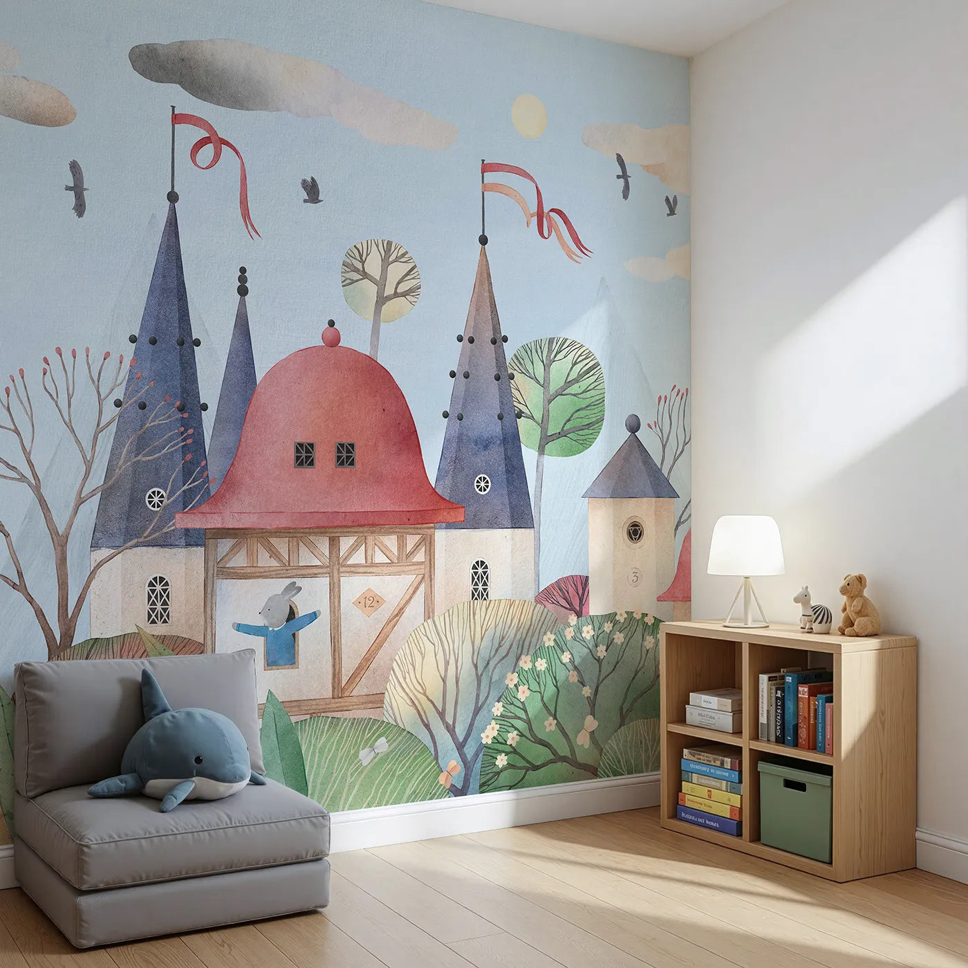 Angled view of Whimsy Tots' Rabbit Castle Wall Mural (Turn Their Room into a Whimsical, Storybook Kingdom).Gender-Neutral