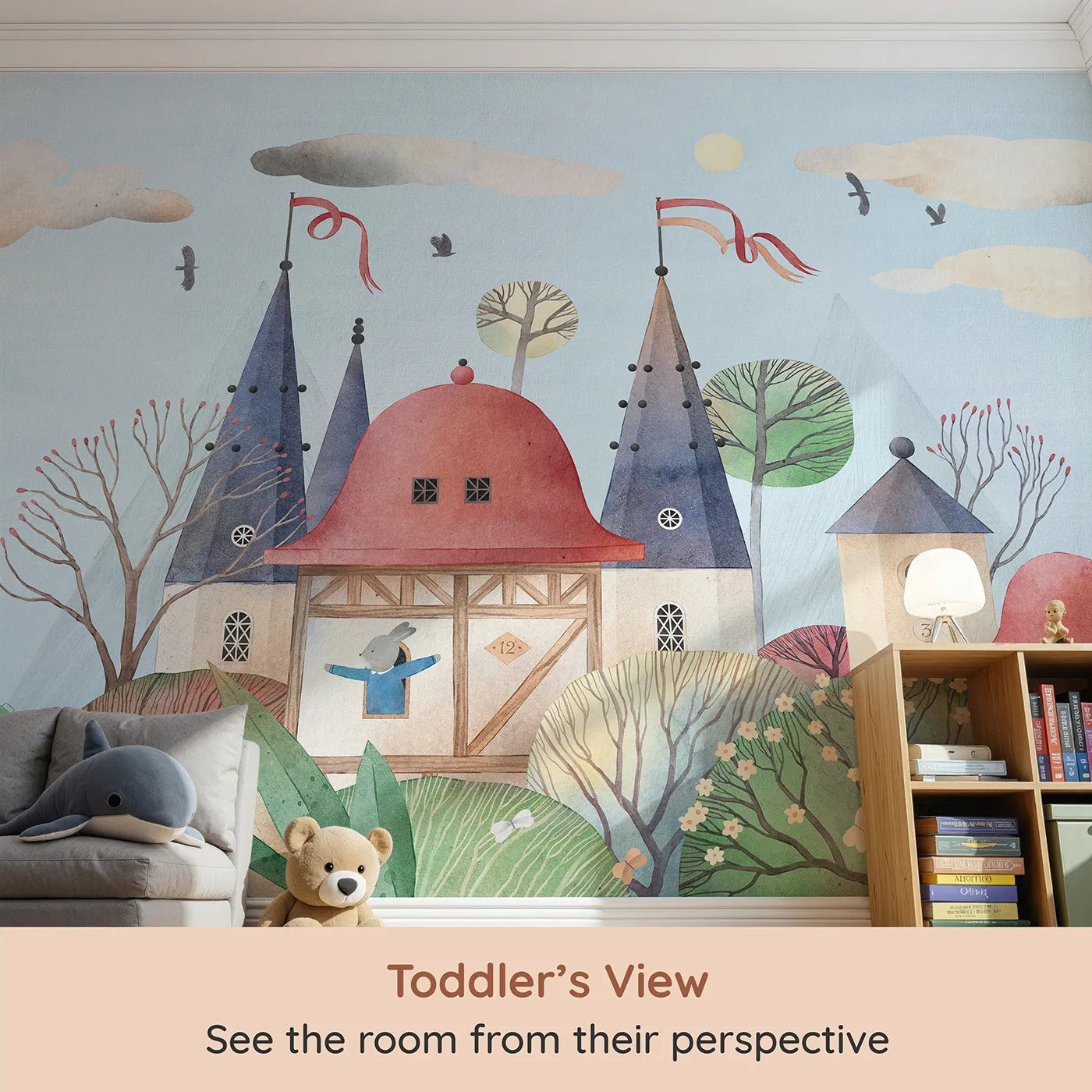 Whimsy Tots Rabbit Castle Wall Mural (Turn Their Room into a Whimsical, Storybook Kingdom) from your child's view.Gender-Neutral