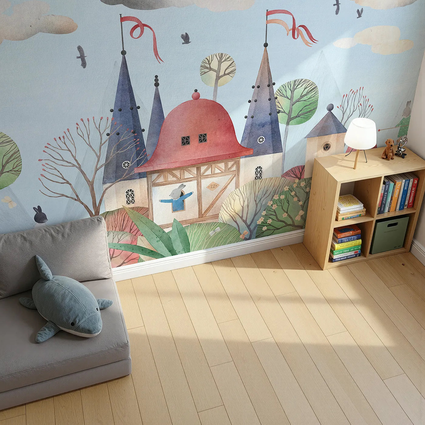 Top-down view of Whimsy Tots' Rabbit Castle Wall Mural (Turn Their Room into a Whimsical, Storybook Kingdom).Gender-Neutral