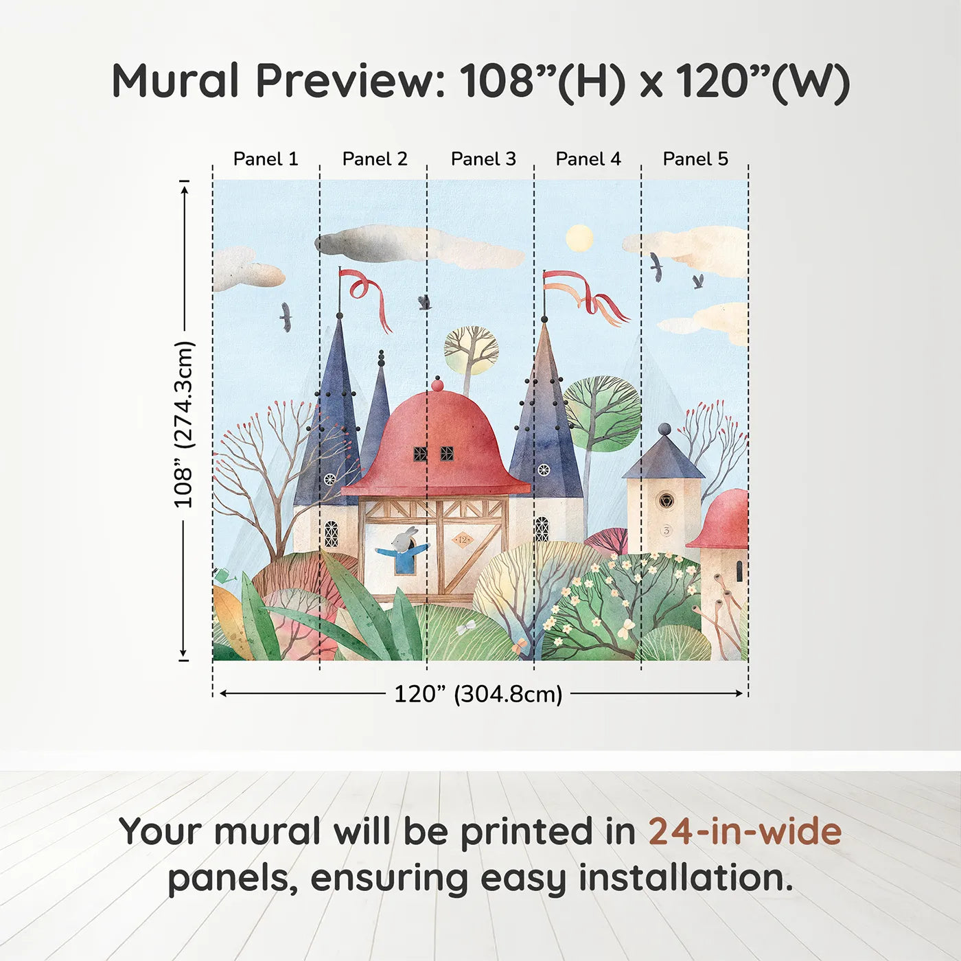 Whimsy Tots Rabbit Castle Wall Muraldimension view (108" H x 120" W). Printed in five 24-inch-wide panels. Gender-Neutral