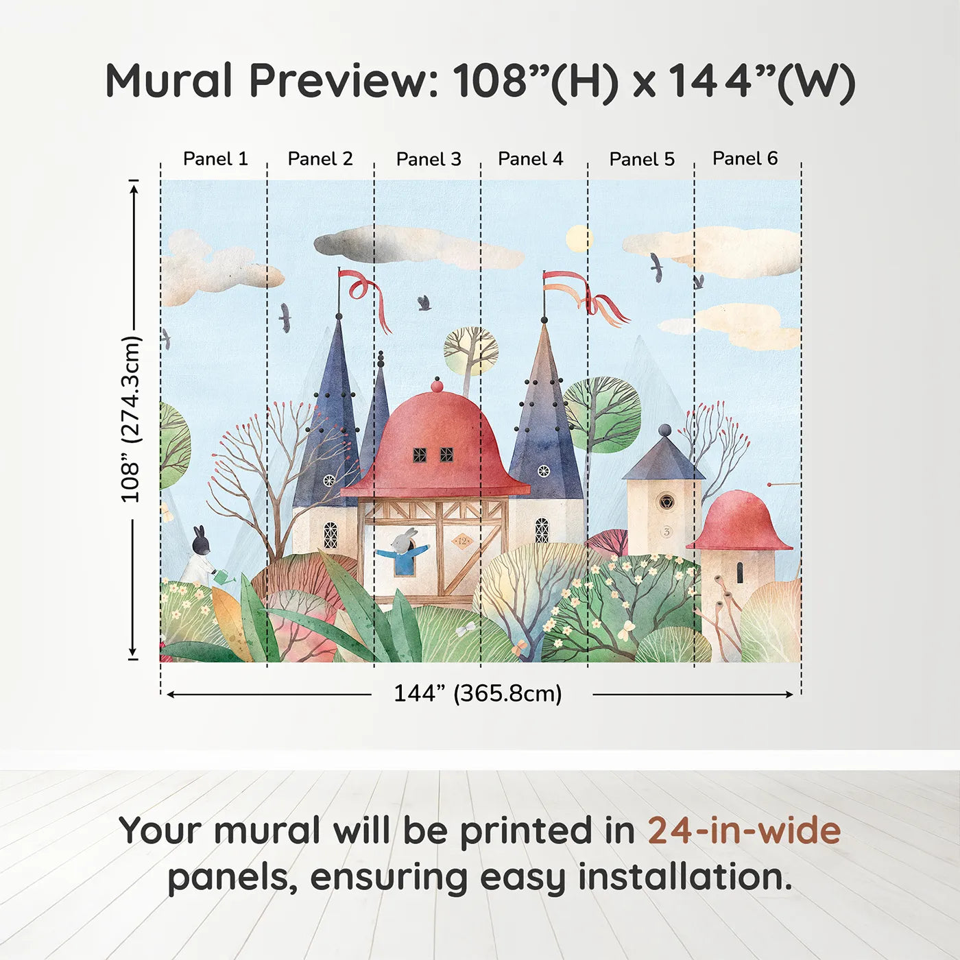 Whimsy Tots Rabbit Castle Wall Muraldimension view (108" H x 144" W). Printed in six 24-inch-wide panels. Gender-Neutral