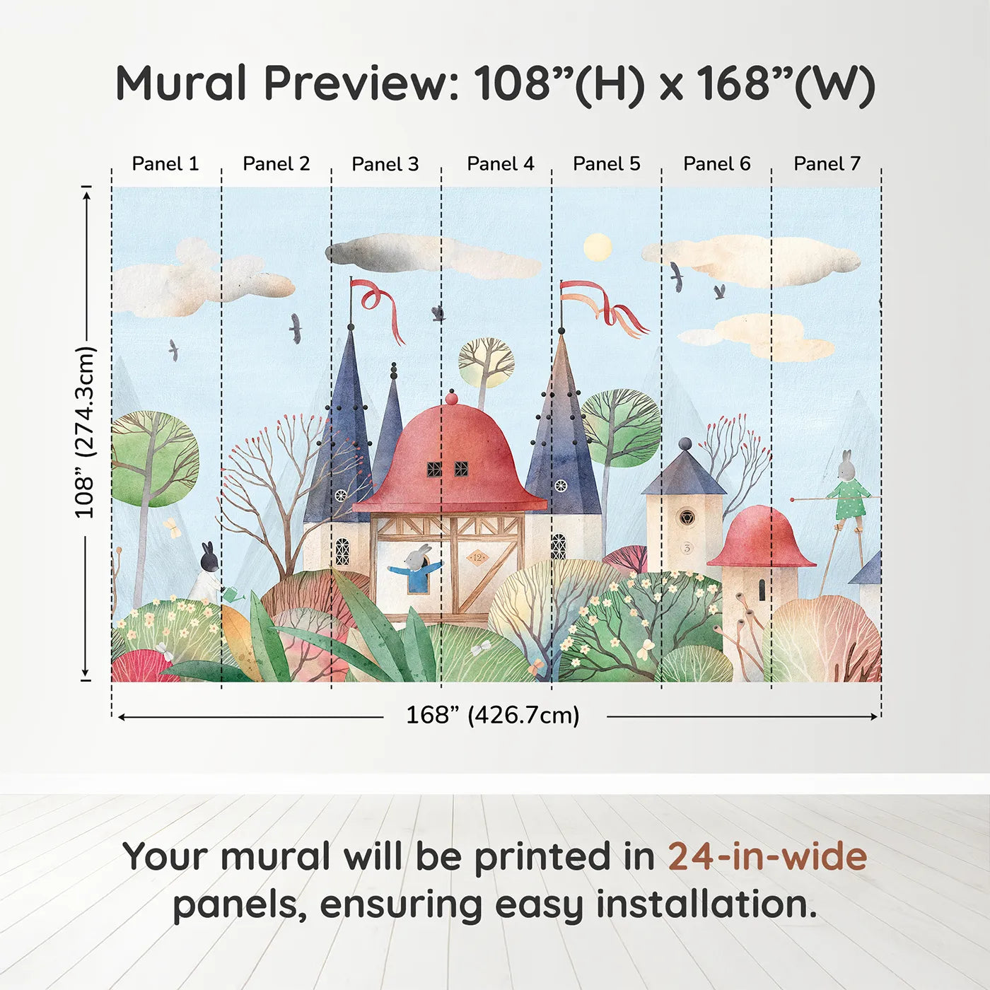 Whimsy Tots Rabbit Castle Wall Muraldimension view (108" H x 168" W). Printed in seven 24-inch-wide panels. Gender-Neutral