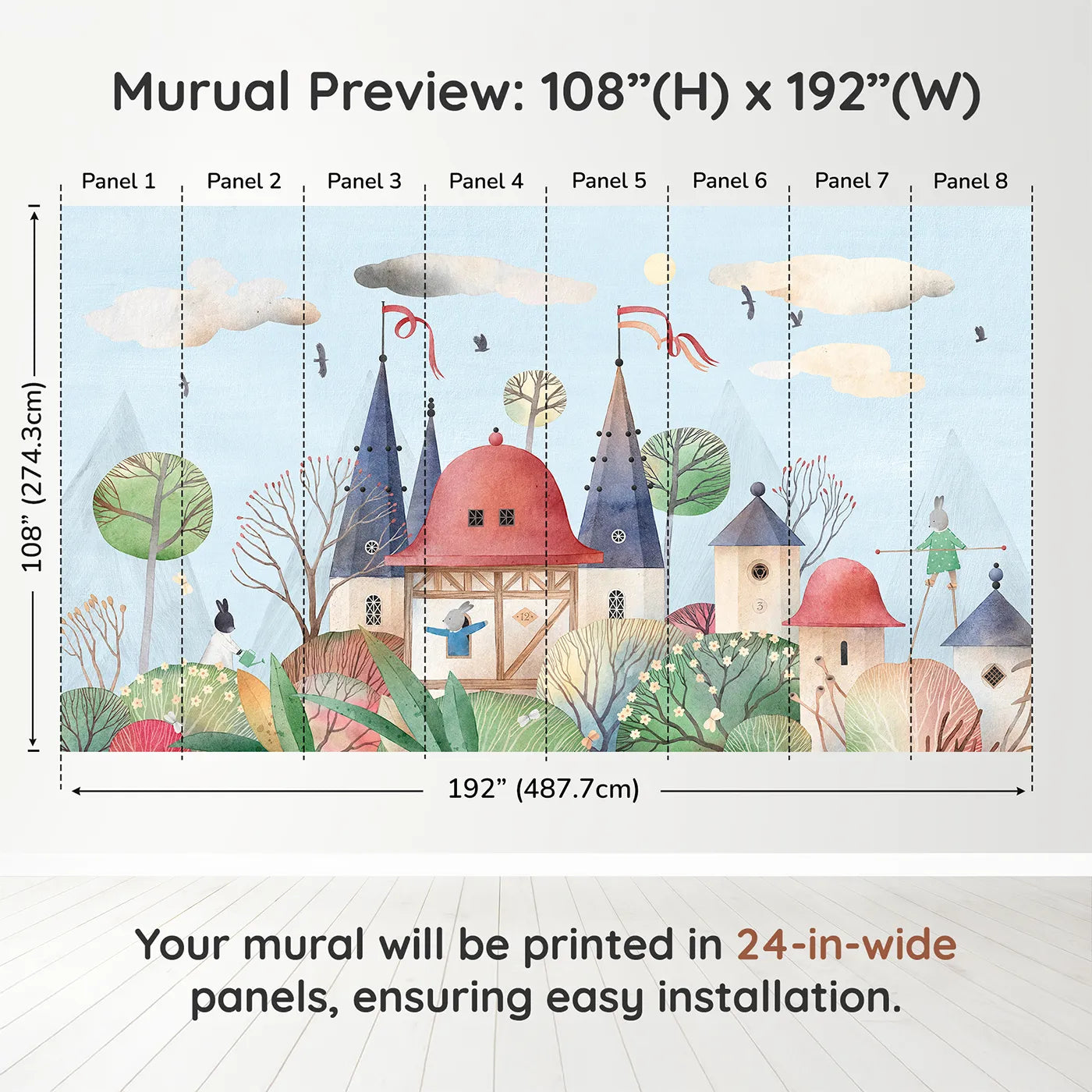 Whimsy Tots Rabbit Castle Wall Muraldimension view (108" H x 192" W). Printed in eight 24-inch-wide panels. Gender-Neutral