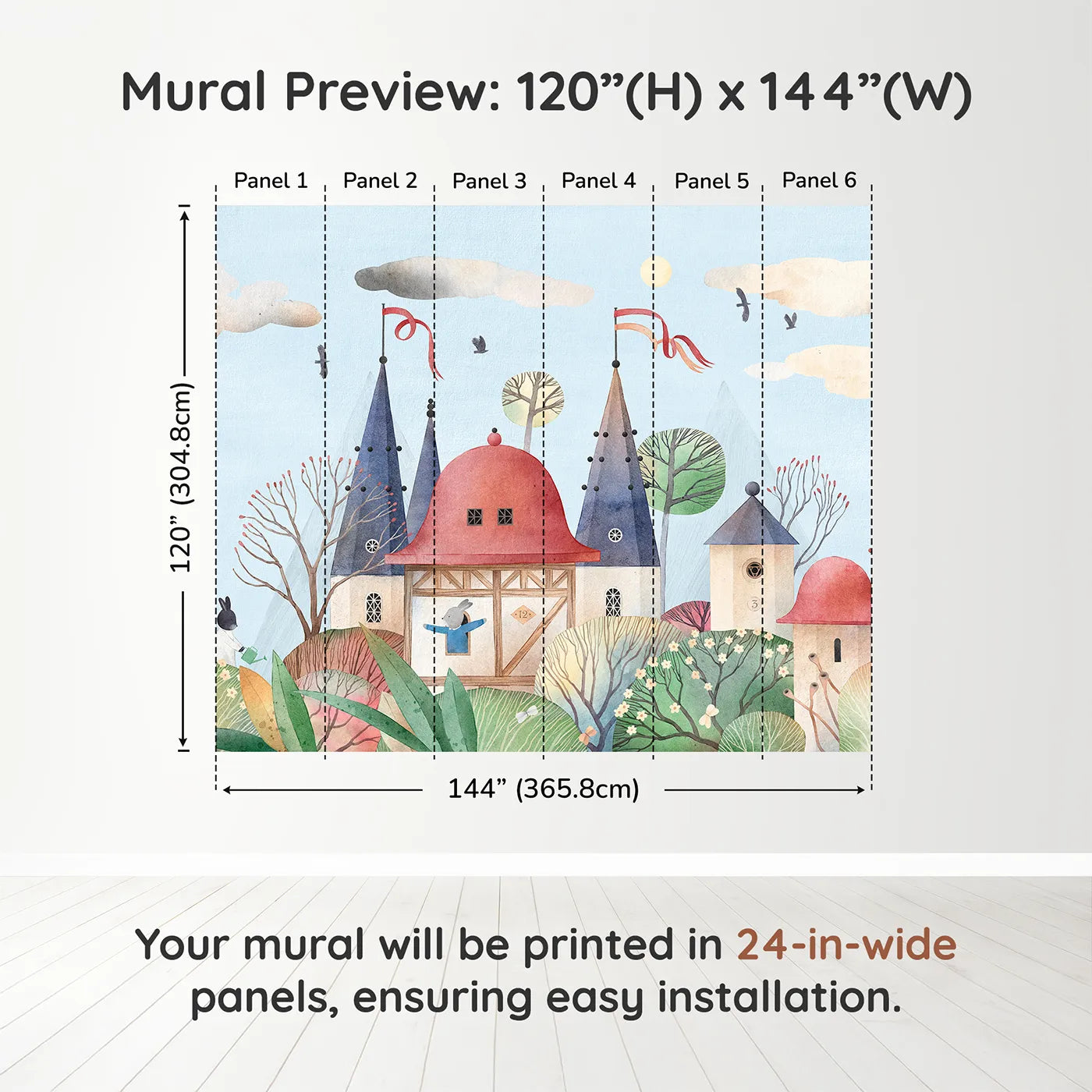 Whimsy Tots Rabbit Castle Wall Muraldimension view (120" H x 144" W). Printed in six 24-inch-wide panels. Gender-Neutral