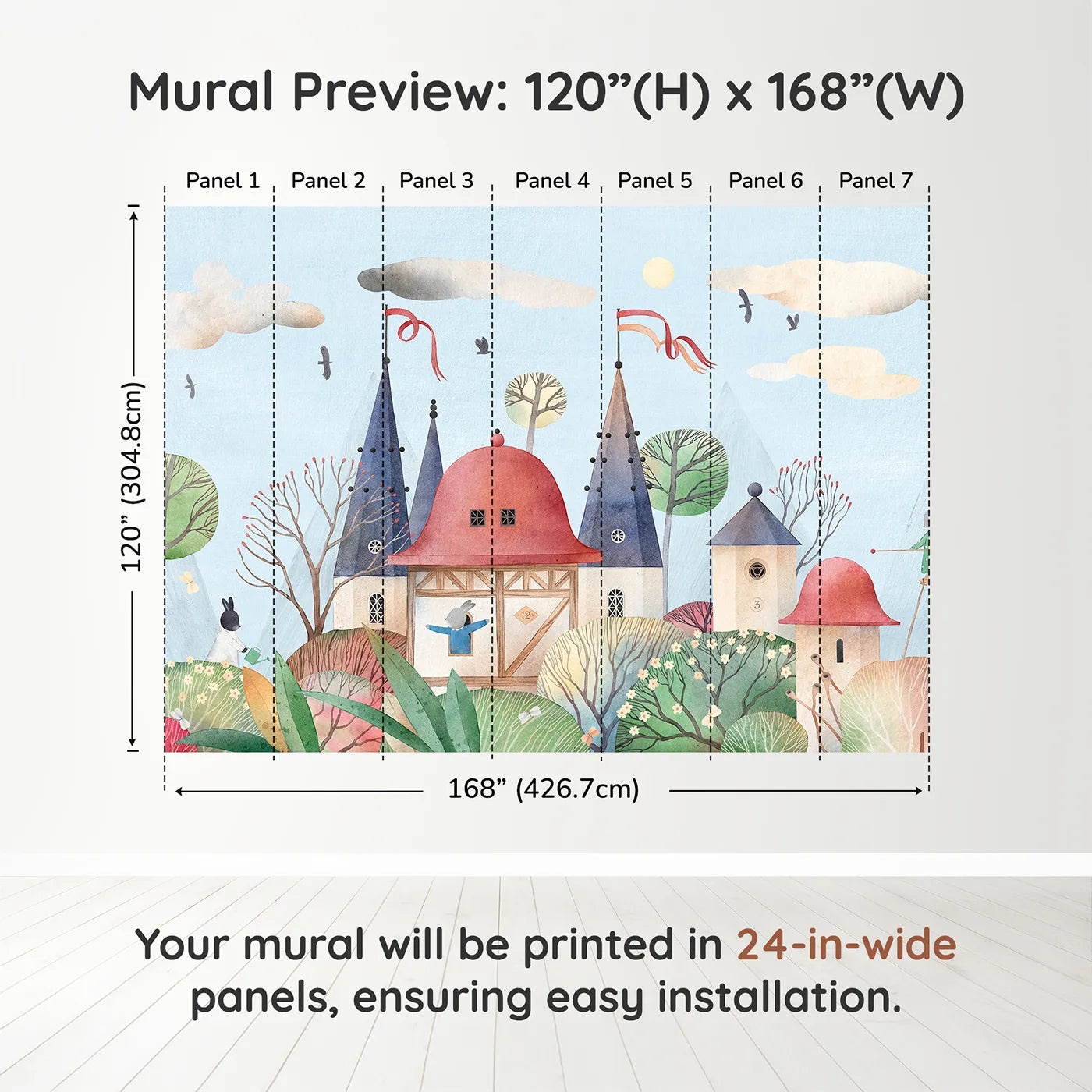Whimsy Tots Rabbit Castle Wall Muraldimension view (120" H x 168" W). Printed in seven 24-inch-wide panels. Gender-Neutral