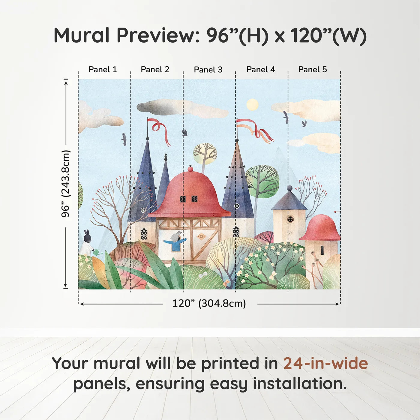 Whimsy Tots Rabbit Castle Wall Muraldimension view (96" H x 120" W). Printed in five 24-inch-wide panels. Gender-Neutral