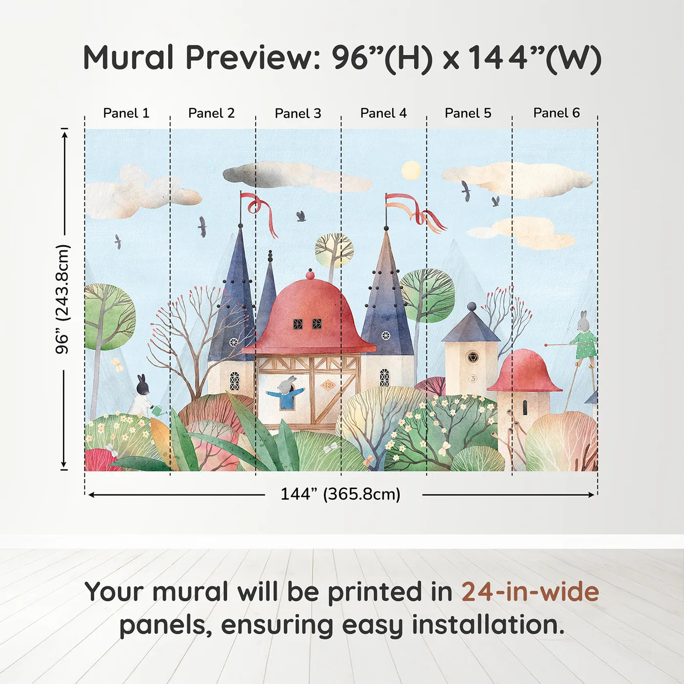 Whimsy Tots Rabbit Castle Wall Muraldimension view (96" H x 144" W). Printed in six 24-inch-wide panels. Gender-Neutral