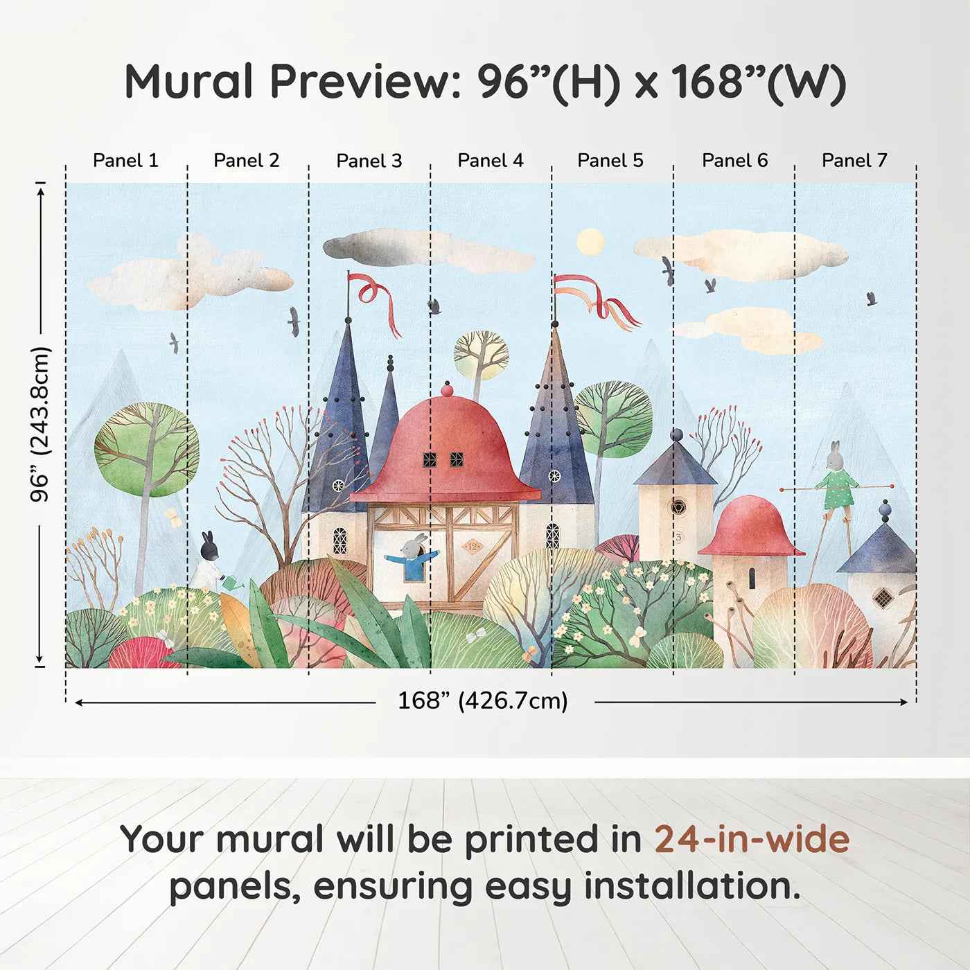Whimsy Tots Rabbit Castle Wall Muraldimension view (96" H x 168" W). Printed in seven 24-inch-wide panels. Gender-Neutral