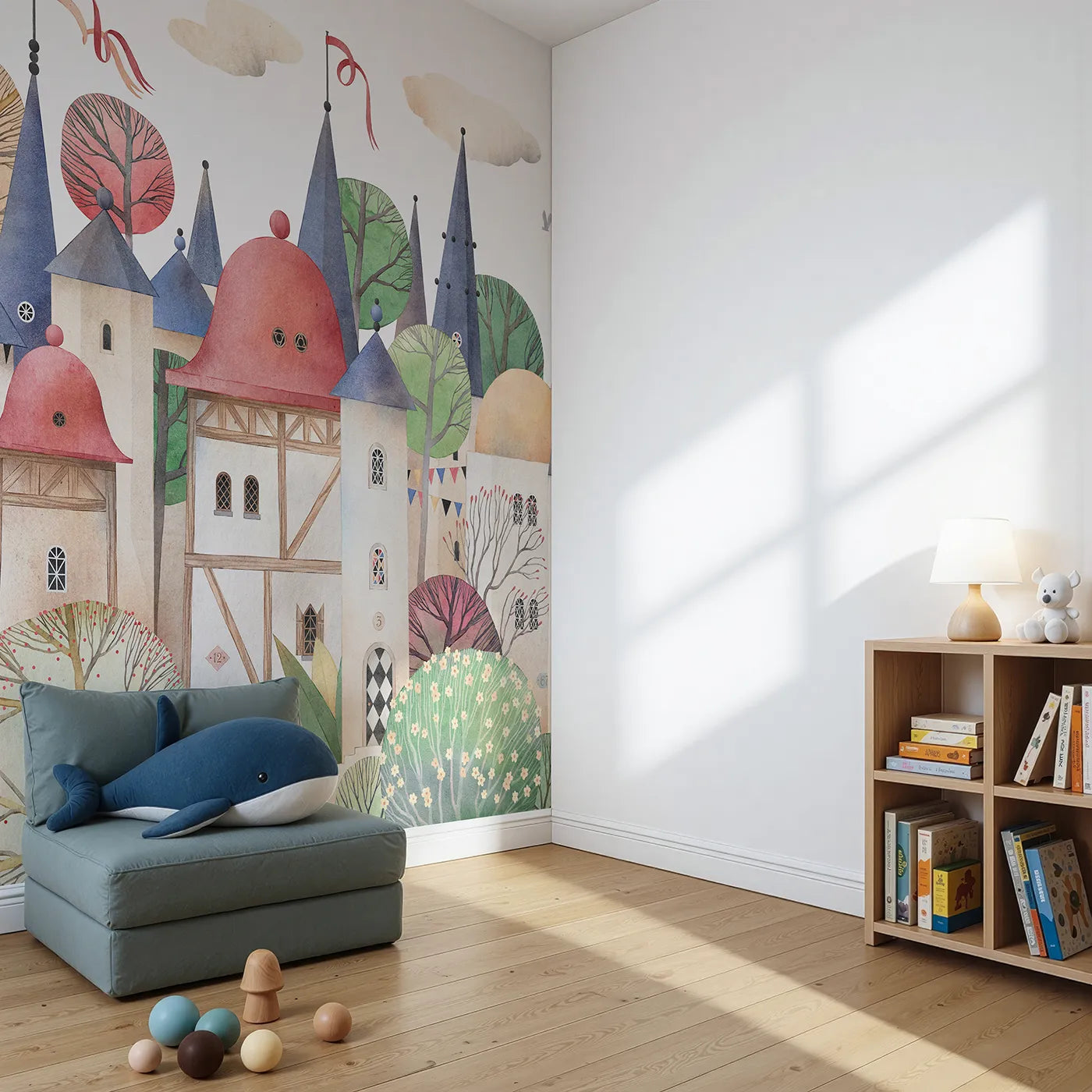 Angled view of Whimsy Tots' Medieval Rabbit Village Wall Mural (Turn Their Room into a Whimsical, Storybook Kingdom).Gender-Neutral