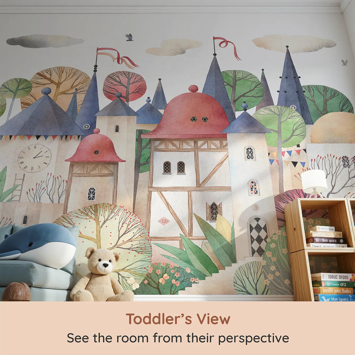 Whimsy Tots Medieval Rabbit Village Wall Mural (Turn Their Room into a Whimsical, Storybook Kingdom) from your child's view.Gender-Neutral